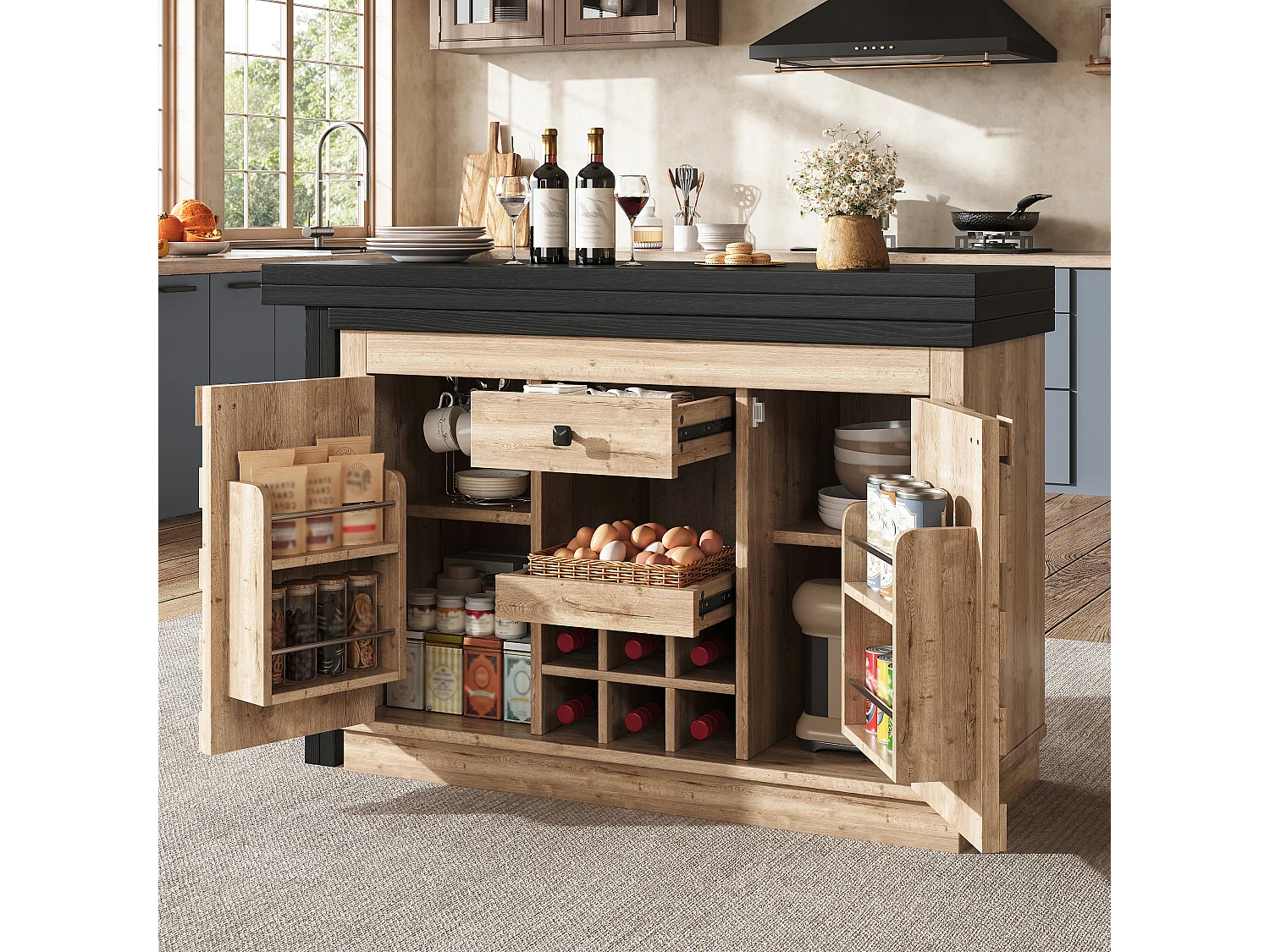 Îlot de Cuisine Rotatif 360° & Meuble d'Appoint 120-197cm - Plateau Extensible, Portes Patchwork, Casier à Vin - Chêne Clair