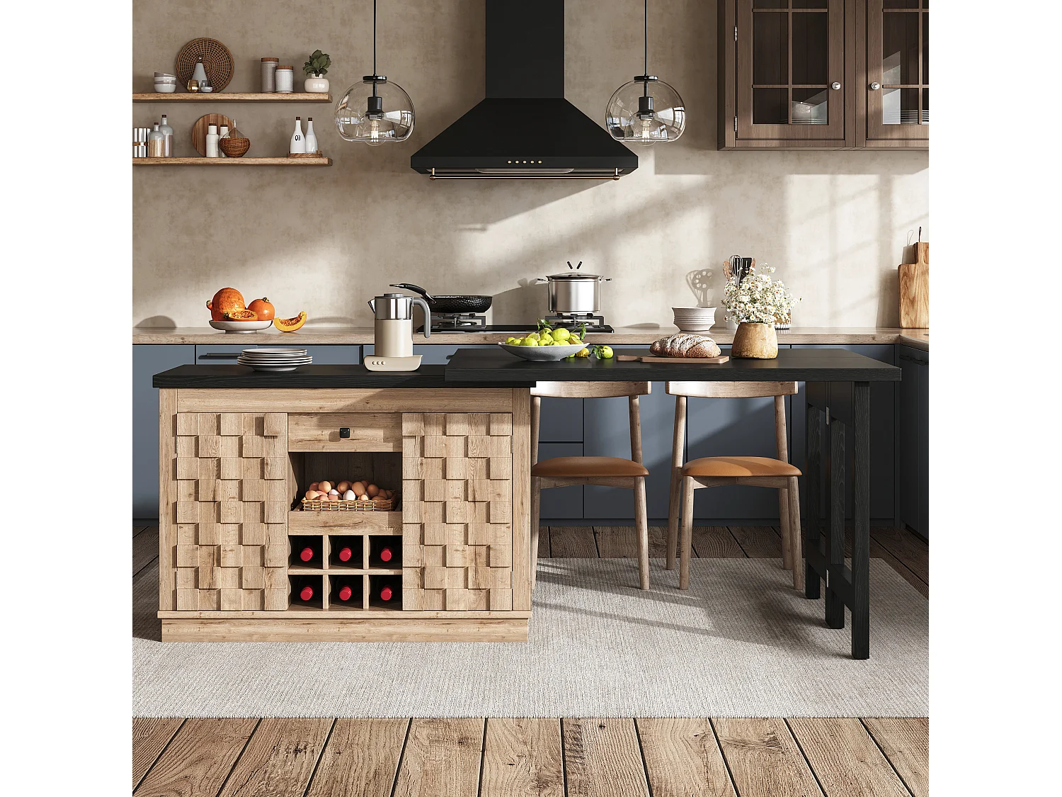 Îlot de Cuisine Rotatif 360° & Meuble d'Appoint 120-197cm - Plateau Extensible, Portes Patchwork, Casier à Vin - Chêne Clair