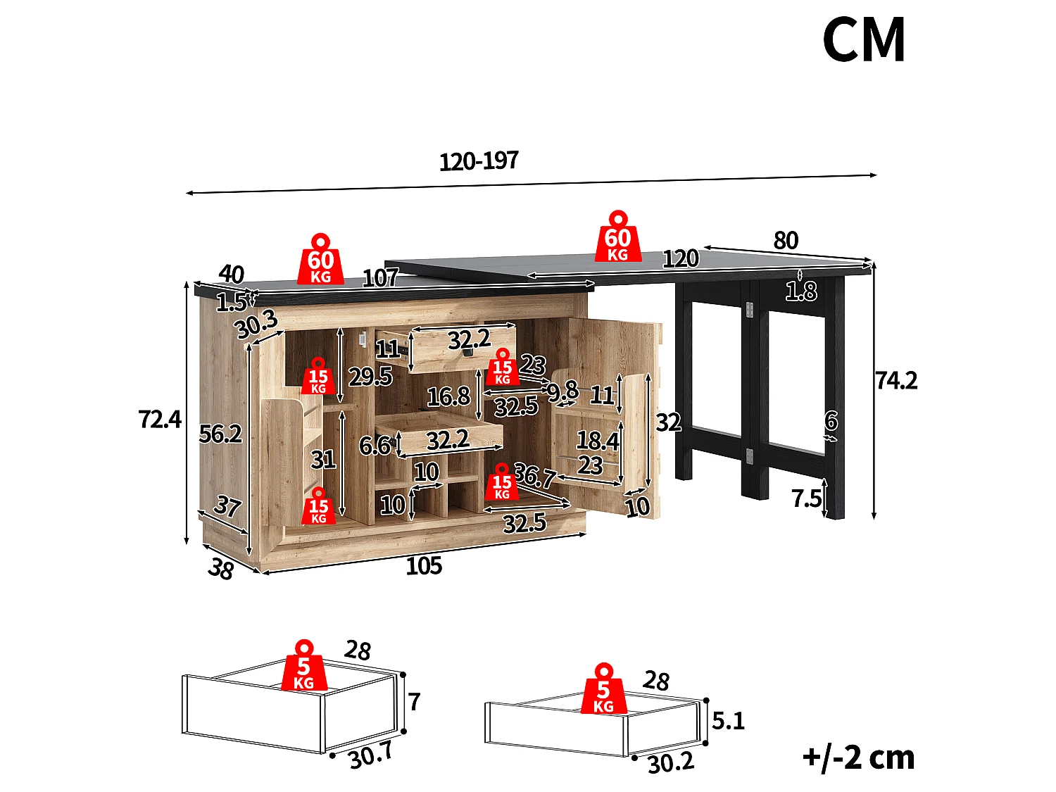 Îlot de Cuisine Rotatif 360° & Meuble d'Appoint 120-197cm - Plateau Extensible, Portes Patchwork, Casier à Vin - Chêne Clair