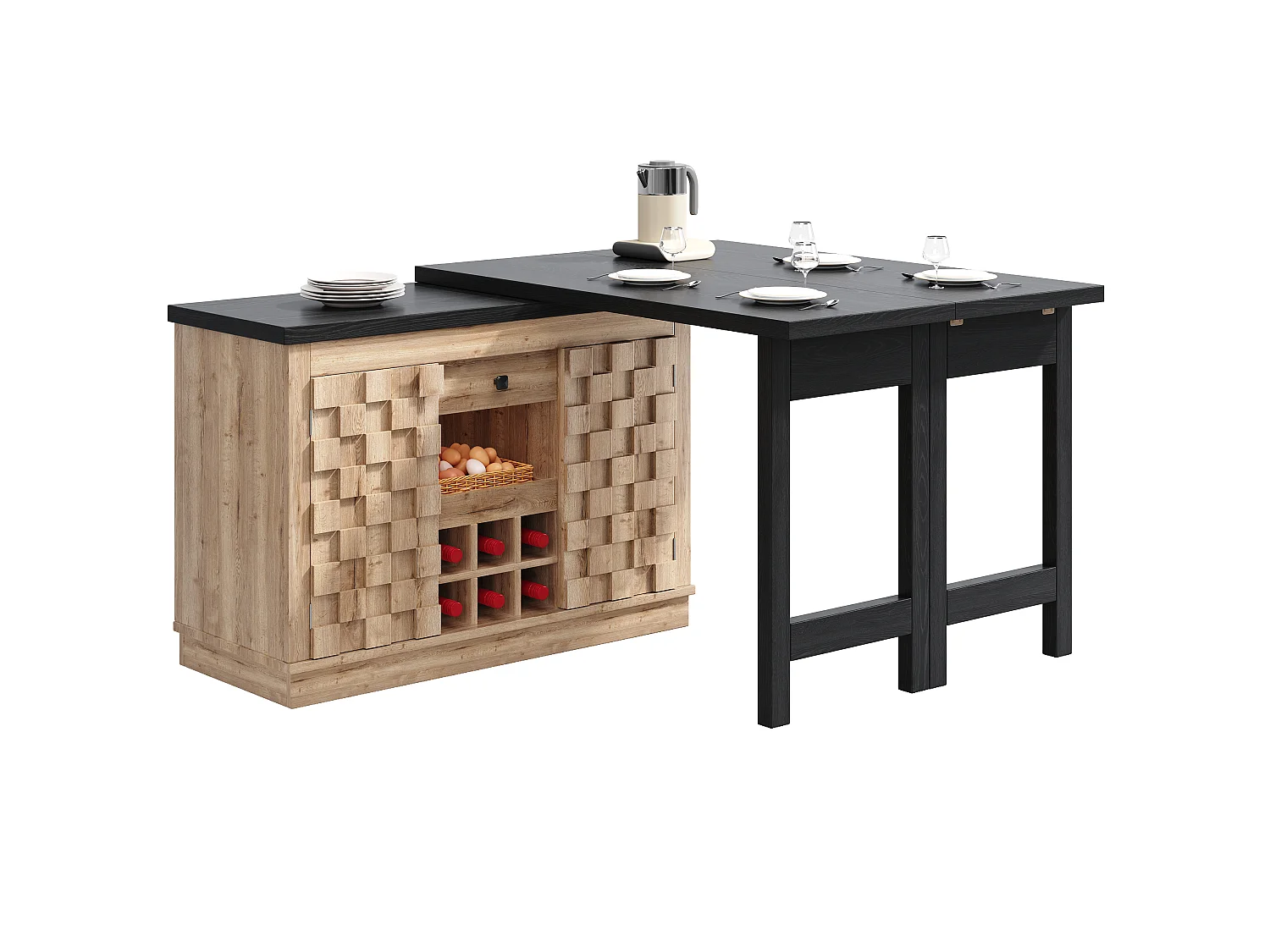 Îlot de Cuisine Rotatif 360° & Meuble d'Appoint 120-197cm - Plateau Extensible, Portes Patchwork, Casier à Vin - Chêne Clair
