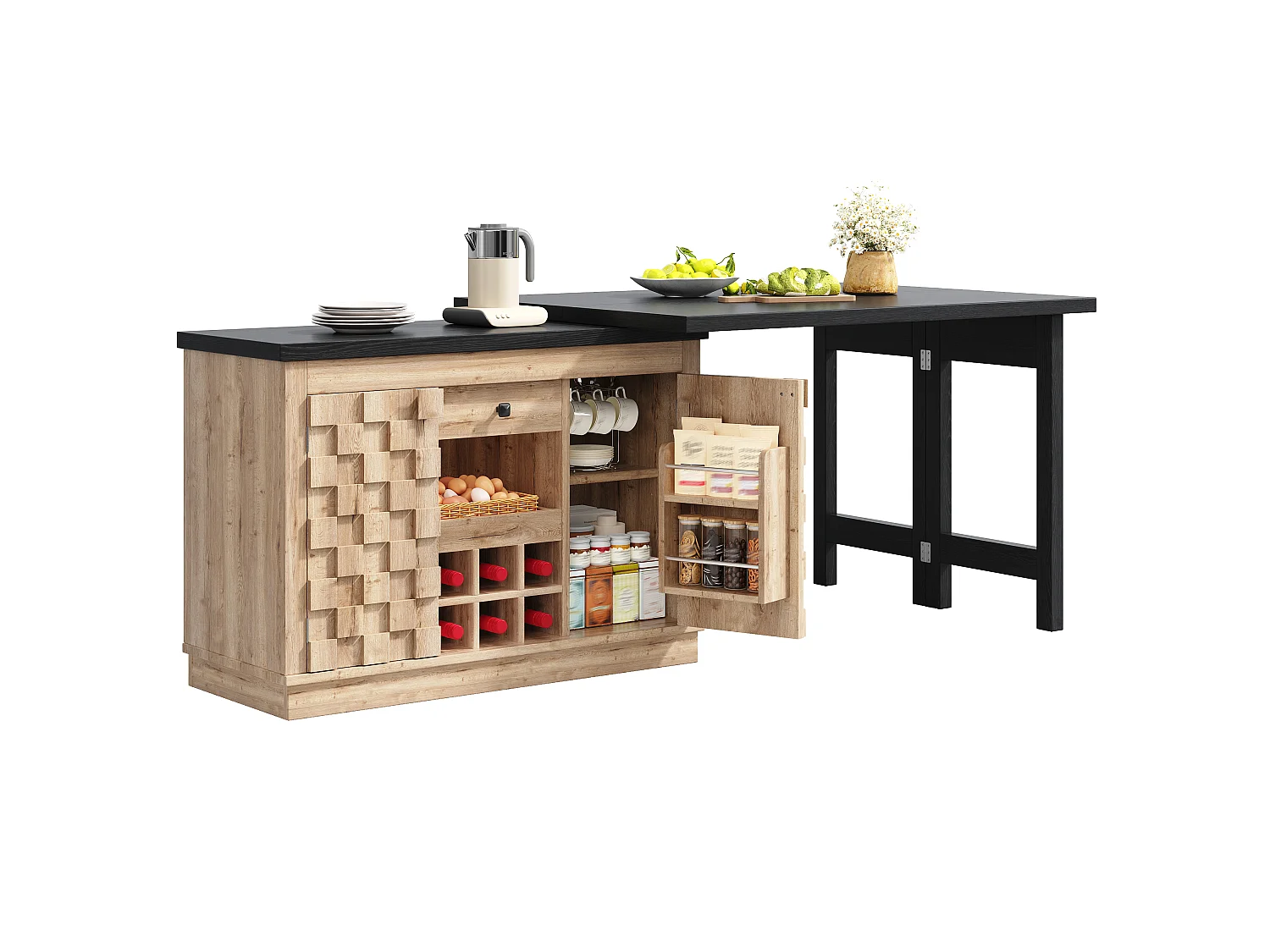 Îlot de Cuisine Rotatif 360° & Meuble d'Appoint 120-197cm - Plateau Extensible, Portes Patchwork, Casier à Vin - Chêne Clair