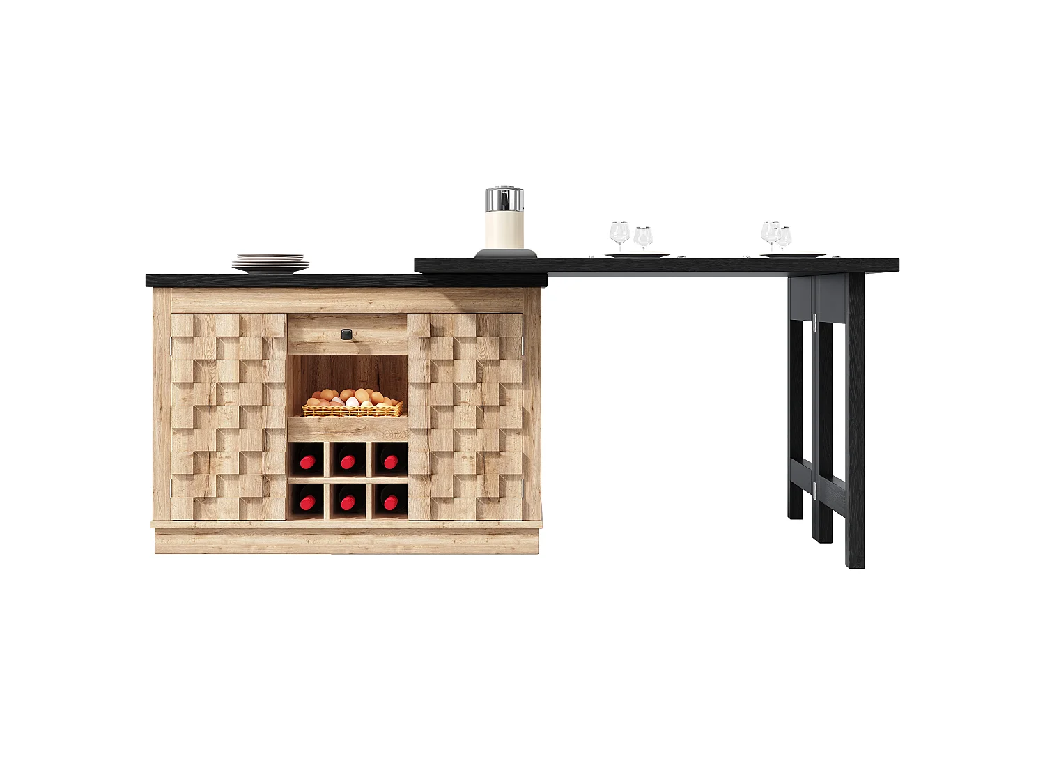 Îlot de Cuisine Rotatif 360° & Meuble d'Appoint 120-197cm - Plateau Extensible, Portes Patchwork, Casier à Vin - Chêne Clair