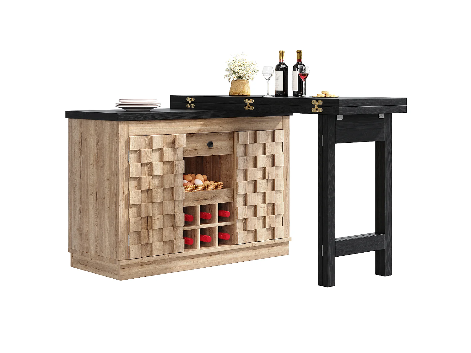 Îlot de Cuisine Rotatif 360° & Meuble d'Appoint 120-197cm - Plateau Extensible, Portes Patchwork, Casier à Vin - Chêne Clair