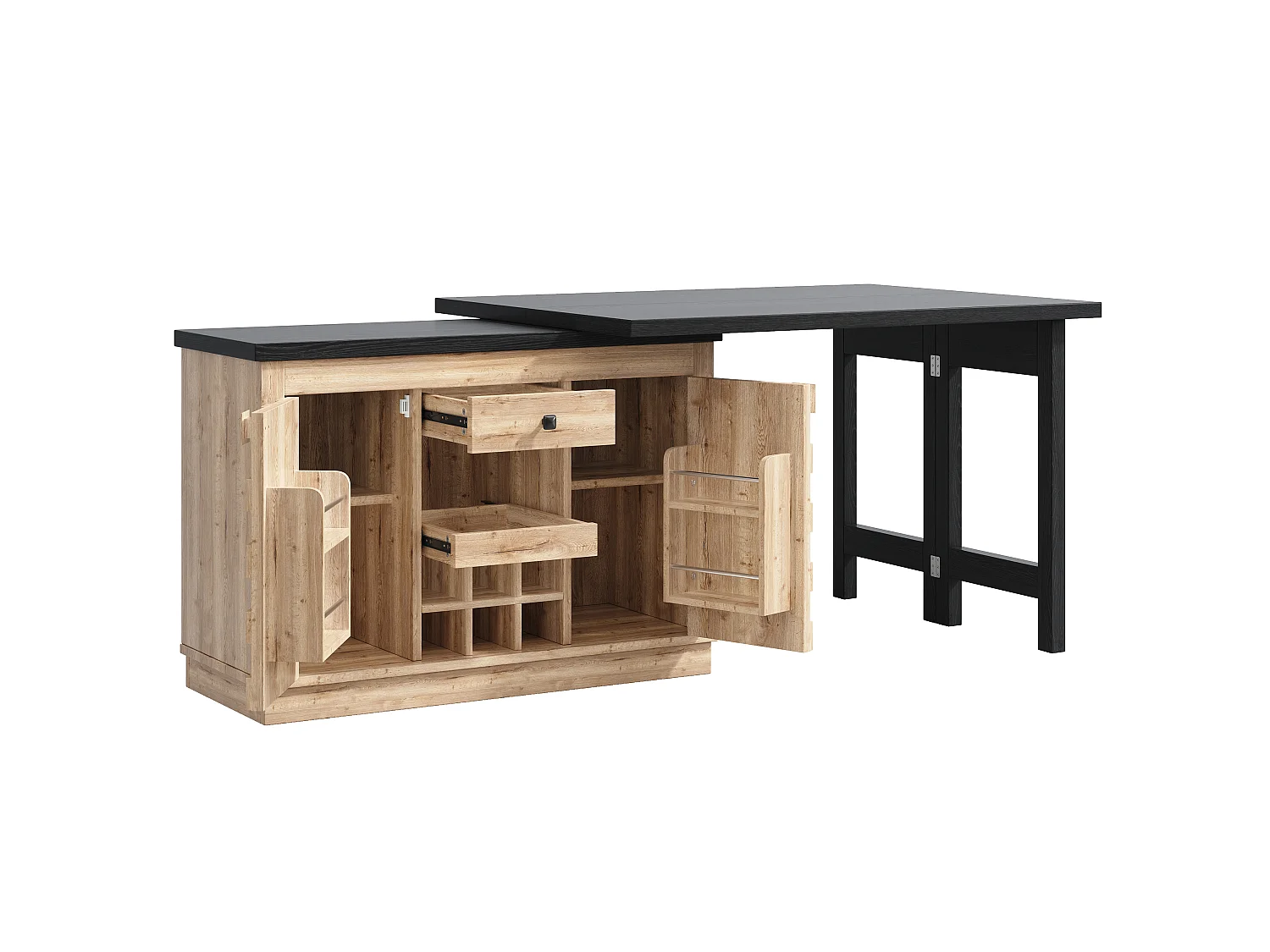 Îlot de Cuisine Rotatif 360° & Meuble d'Appoint 120-197cm - Plateau Extensible, Portes Patchwork, Casier à Vin - Chêne Clair