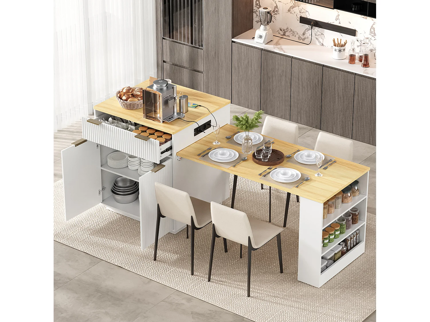 Isla central de cocina - mesa de comedor extensible - con iluminación LED y toma de corriente - con ruedas y espacio de almacenamiento - Blanco