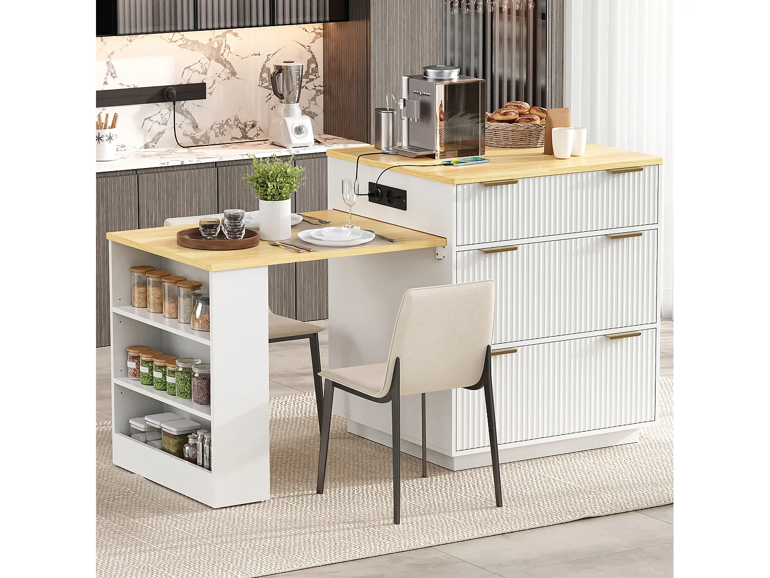 Isla central de cocina - mesa de comedor extensible - con iluminación LED y toma de corriente - con ruedas y espacio de almacenamiento - Blanco