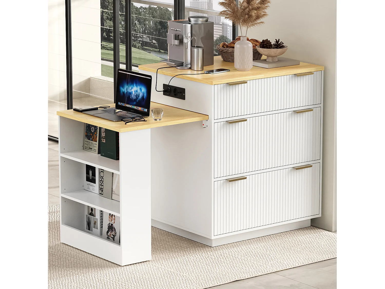 Isla central de cocina - mesa de comedor extensible - con iluminación LED y toma de corriente - con ruedas y espacio de almacenamiento - Blanco