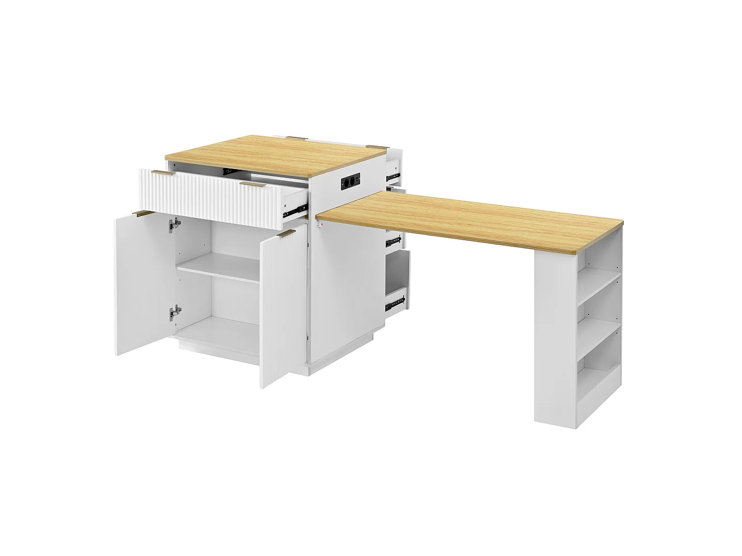 Isla central de cocina - mesa de comedor extensible - con iluminación LED y toma de corriente - con ruedas y espacio de almacenamiento - Blanco