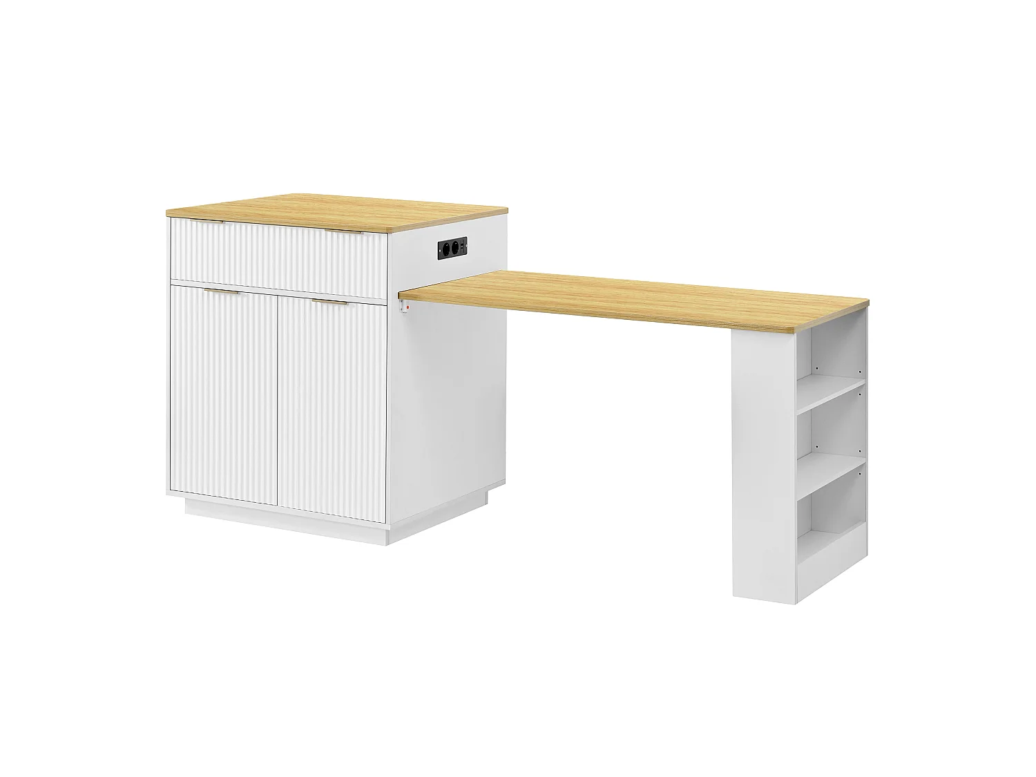Isla central de cocina - mesa de comedor extensible - con iluminación LED y toma de corriente - con ruedas y espacio de almacenamiento - Blanco