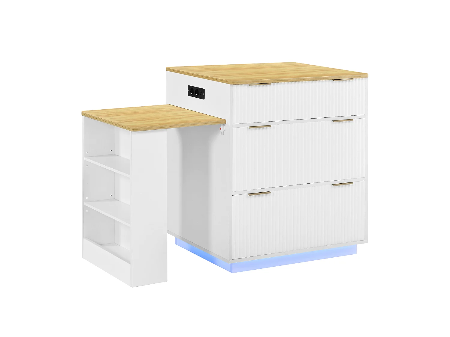 Isla central de cocina - mesa de comedor extensible - con iluminación LED y toma de corriente - con ruedas y espacio de almacenamiento - Blanco