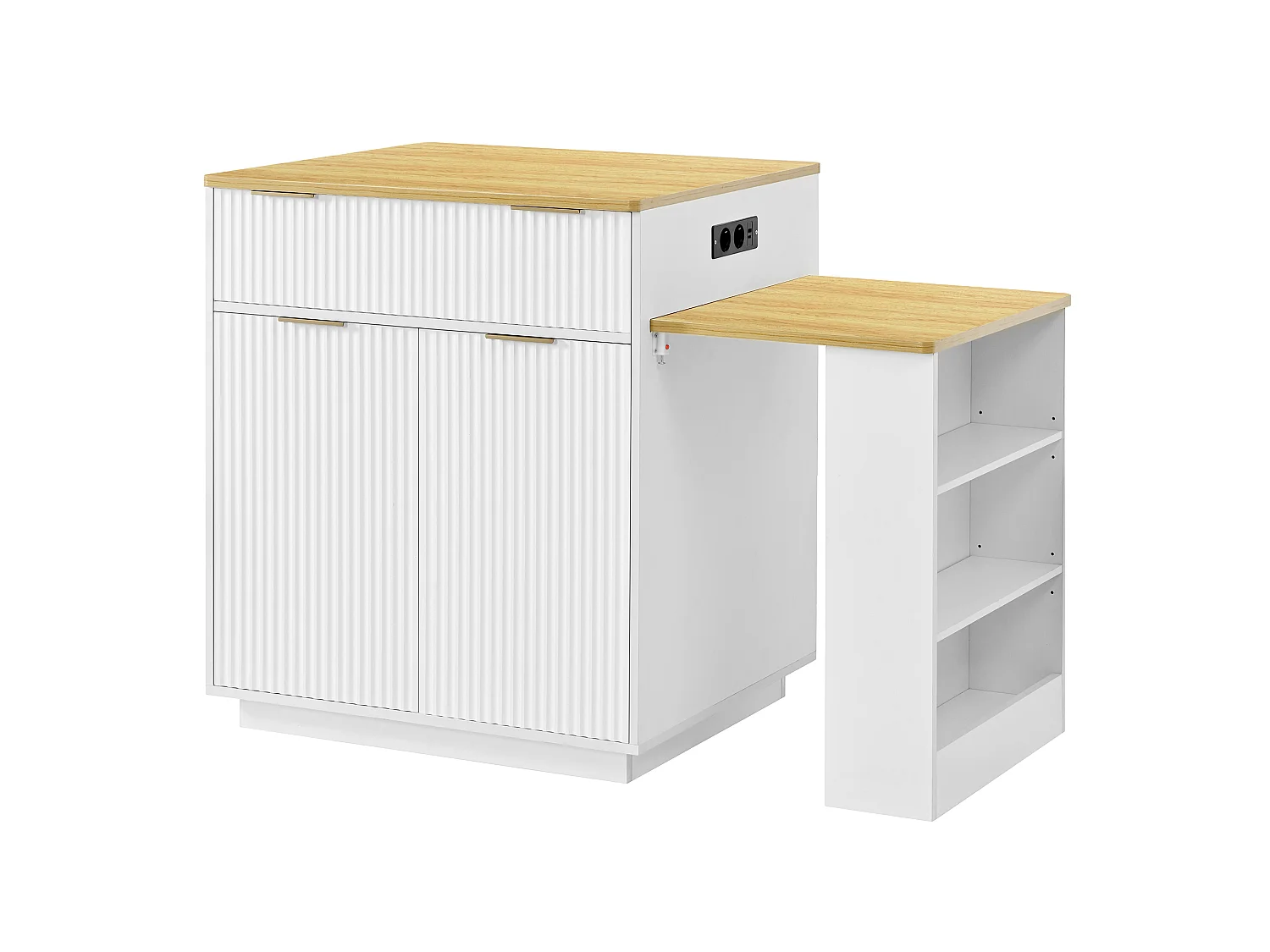 Isla central de cocina - mesa de comedor extensible - con iluminación LED y toma de corriente - con ruedas y espacio de almacenamiento - Blanco