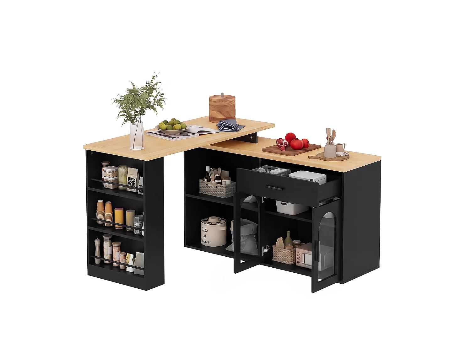 Meuble de bar de cuisine rotation à 360° - avec tiroir et étagères - avec des étagères de rangement - Noir