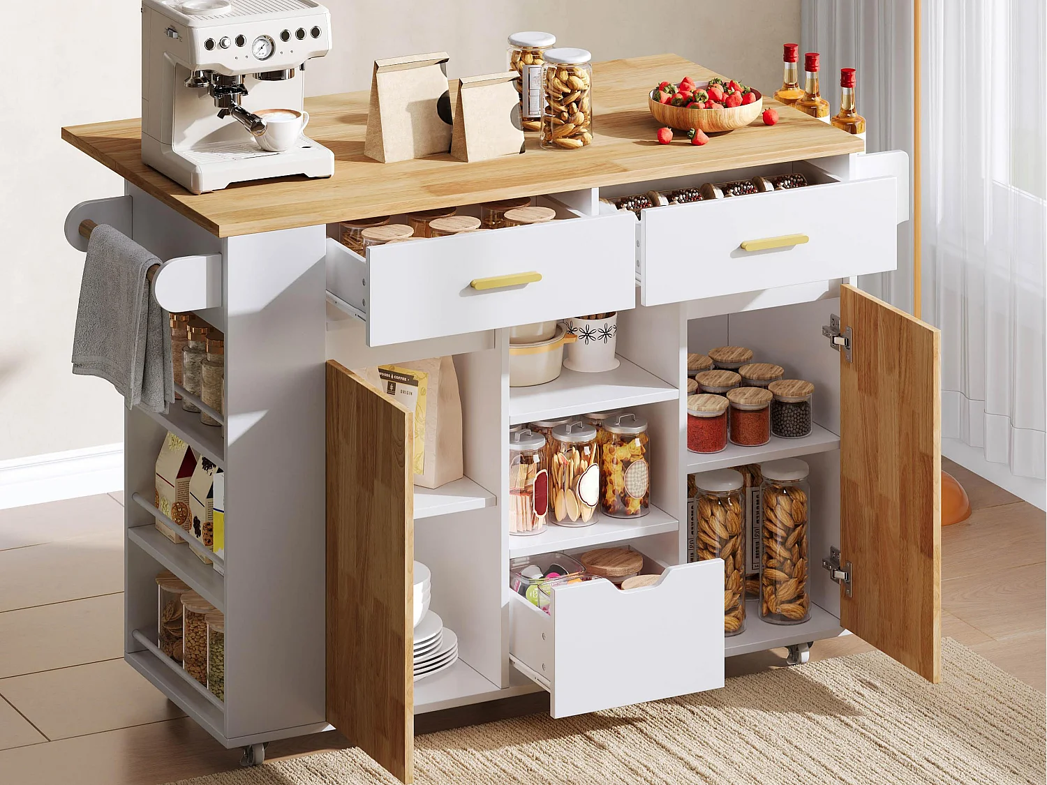Isla central de cocina móvil - mesa de comedor plegable - con 2 puertas y 3 cajones - con ruedas bloqueables - Blanco