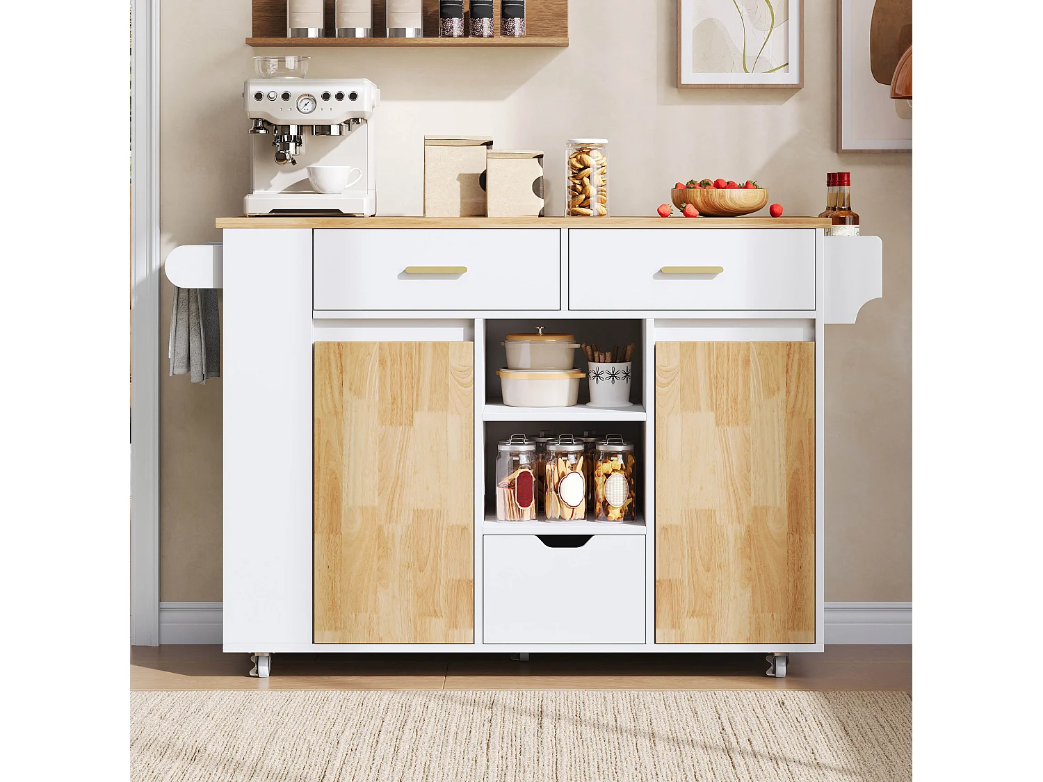 Isla central de cocina móvil - mesa de comedor plegable - con 2 puertas y 3 cajones - con ruedas bloqueables - Blanco