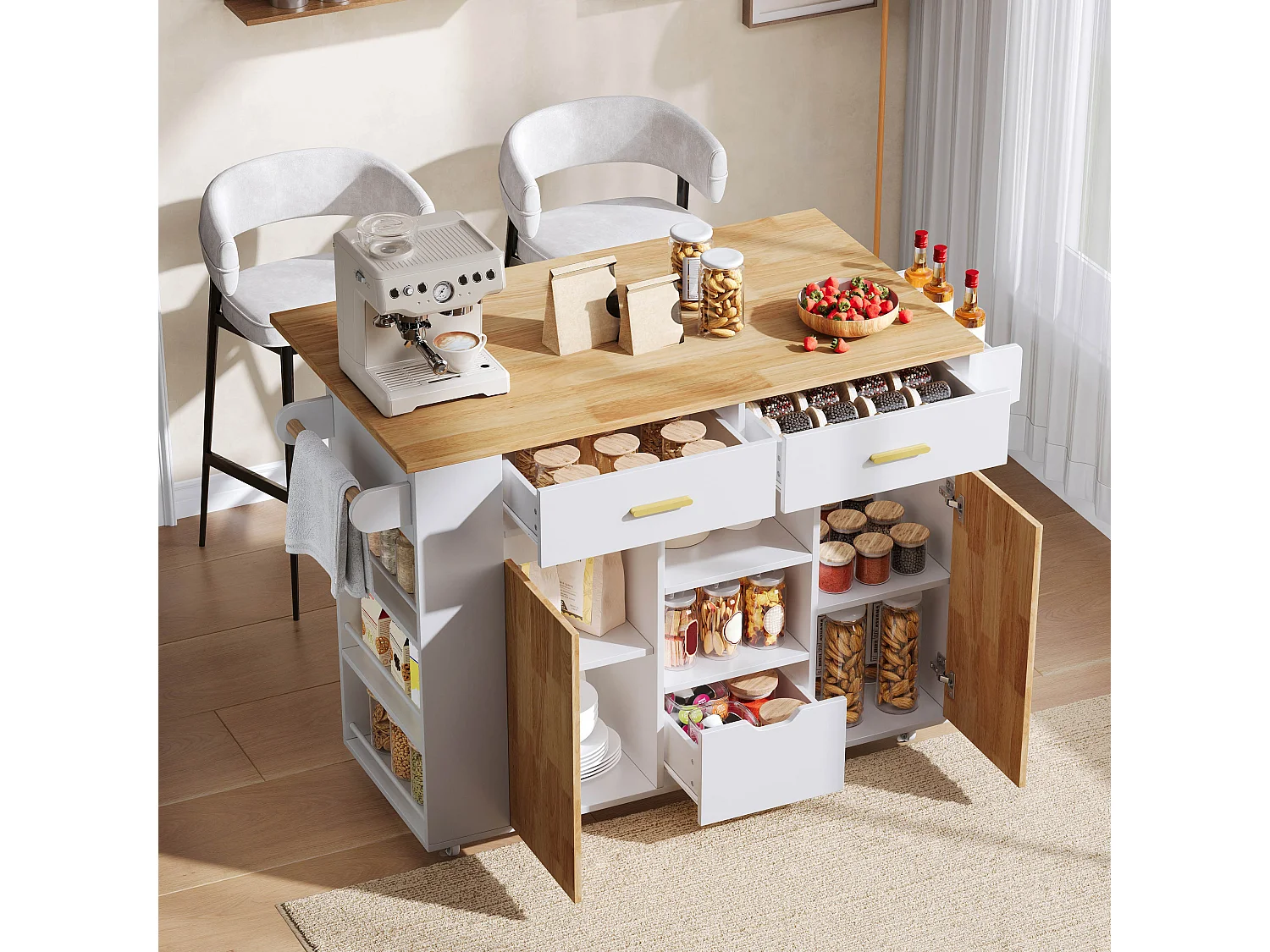Isla central de cocina móvil - mesa de comedor plegable - con 2 puertas y 3 cajones - con ruedas bloqueables - Blanco