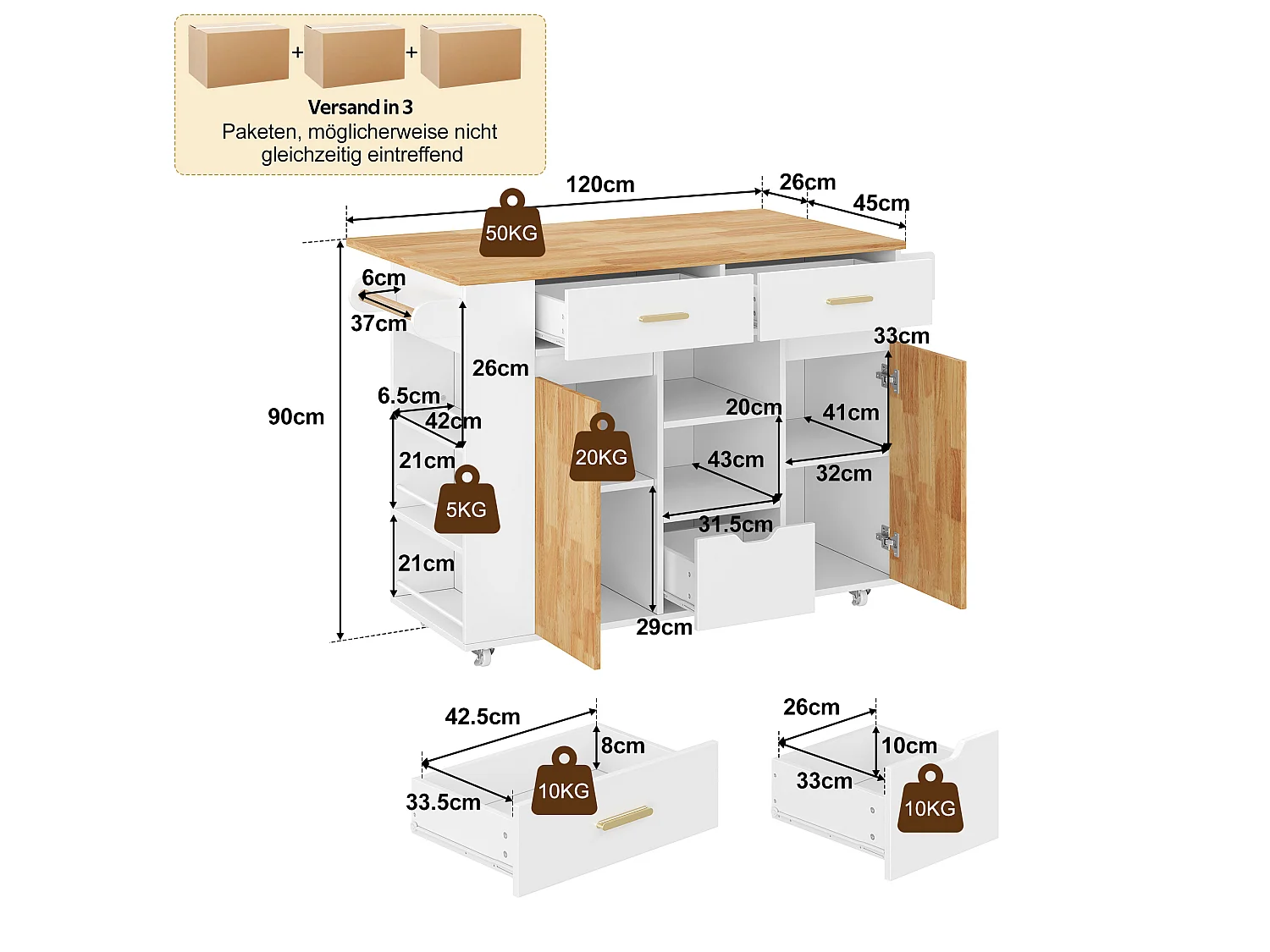 Isla central de cocina móvil - mesa de comedor plegable - con 2 puertas y 3 cajones - con ruedas bloqueables - Blanco
