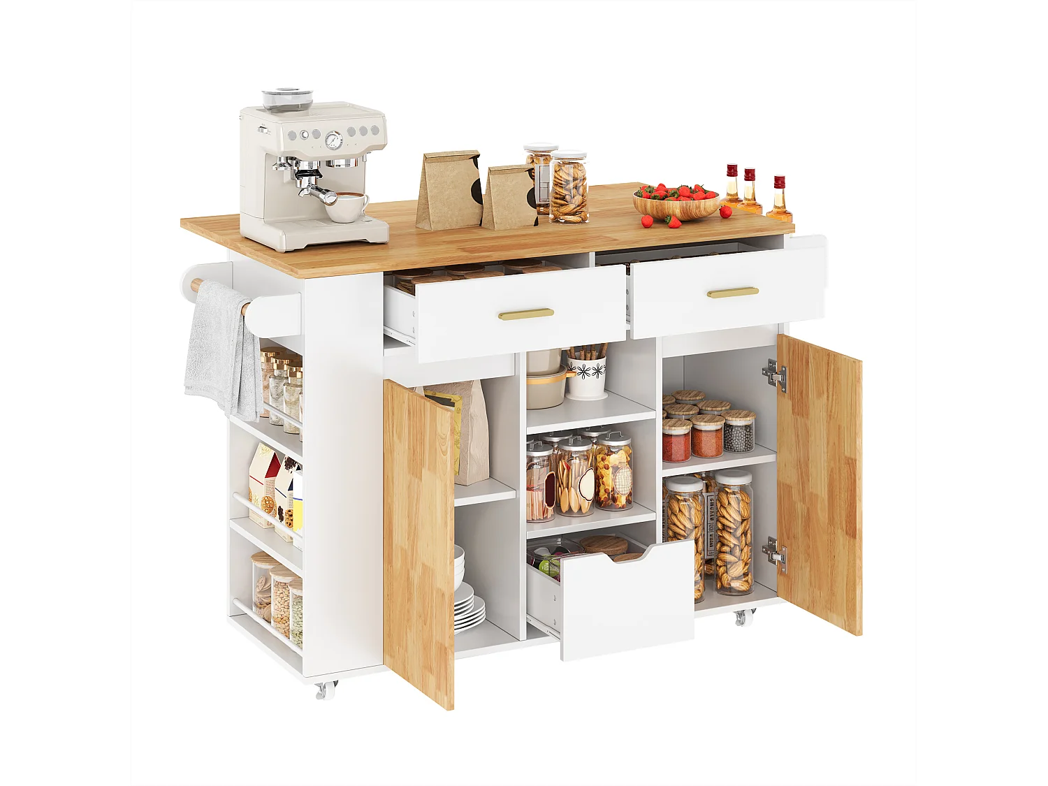 Isla central de cocina móvil - mesa de comedor plegable - con 2 puertas y 3 cajones - con ruedas bloqueables - Blanco