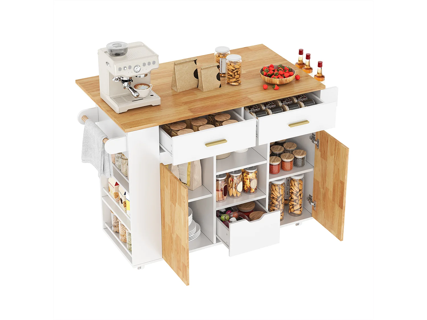 Isla central de cocina móvil - mesa de comedor plegable - con 2 puertas y 3 cajones - con ruedas bloqueables - Blanco