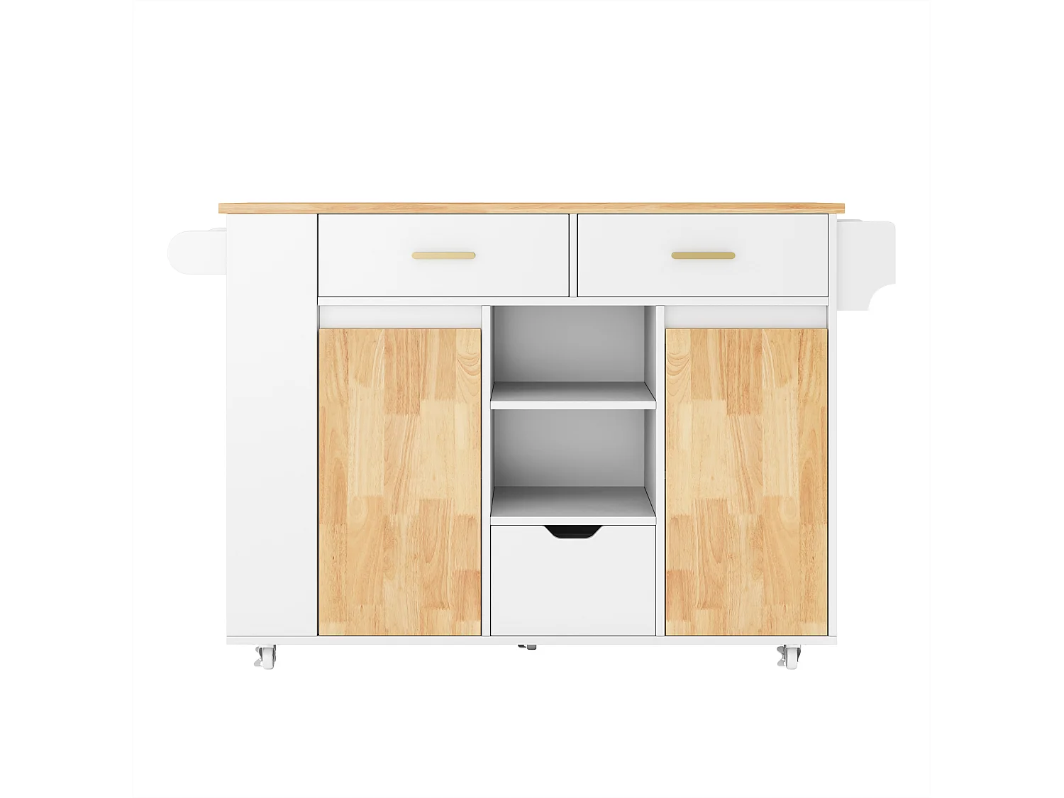 Isla central de cocina móvil - mesa de comedor plegable - con 2 puertas y 3 cajones - con ruedas bloqueables - Blanco