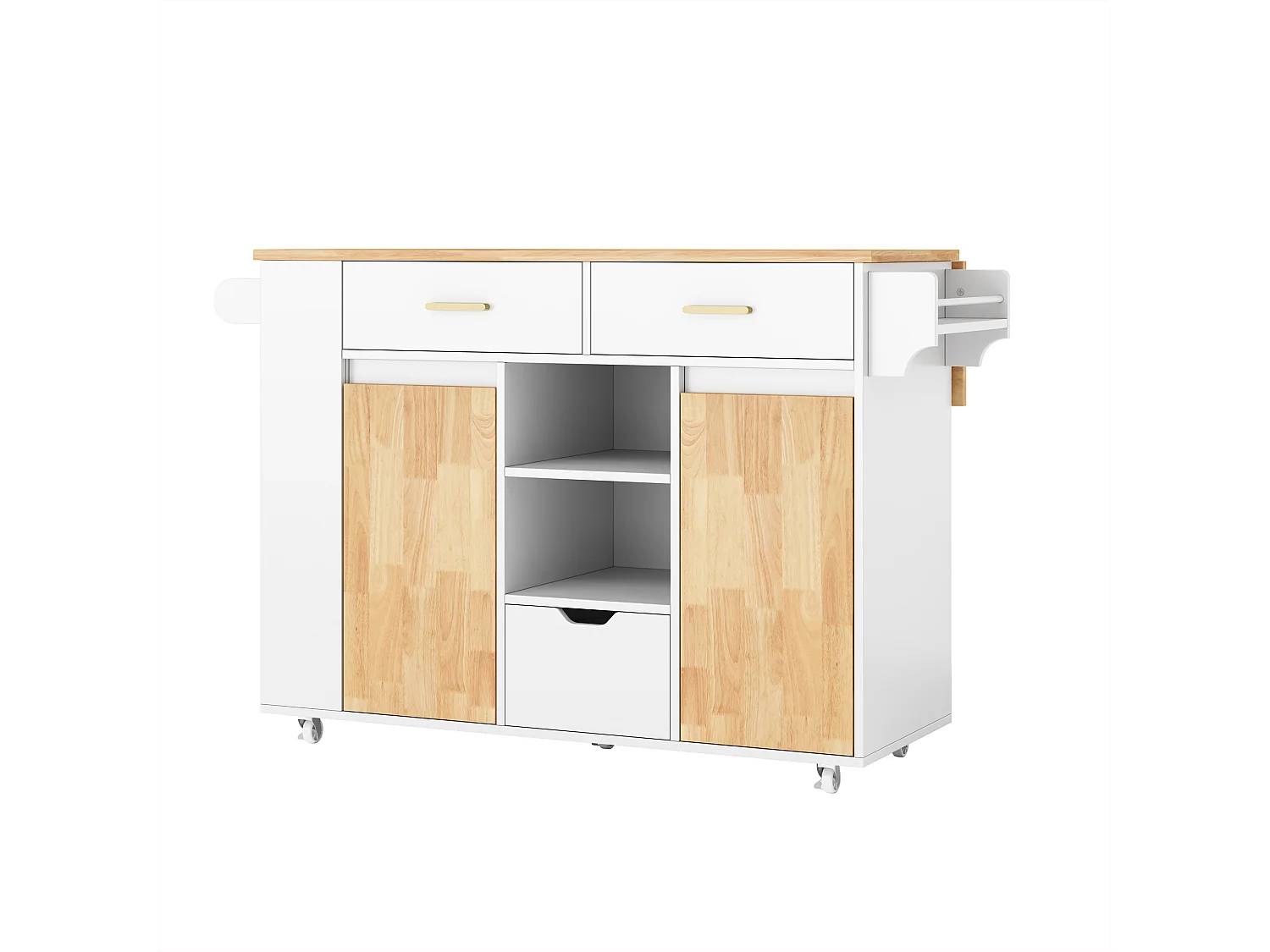 Isla central de cocina móvil - mesa de comedor plegable - con 2 puertas y 3 cajones - con ruedas bloqueables - Blanco