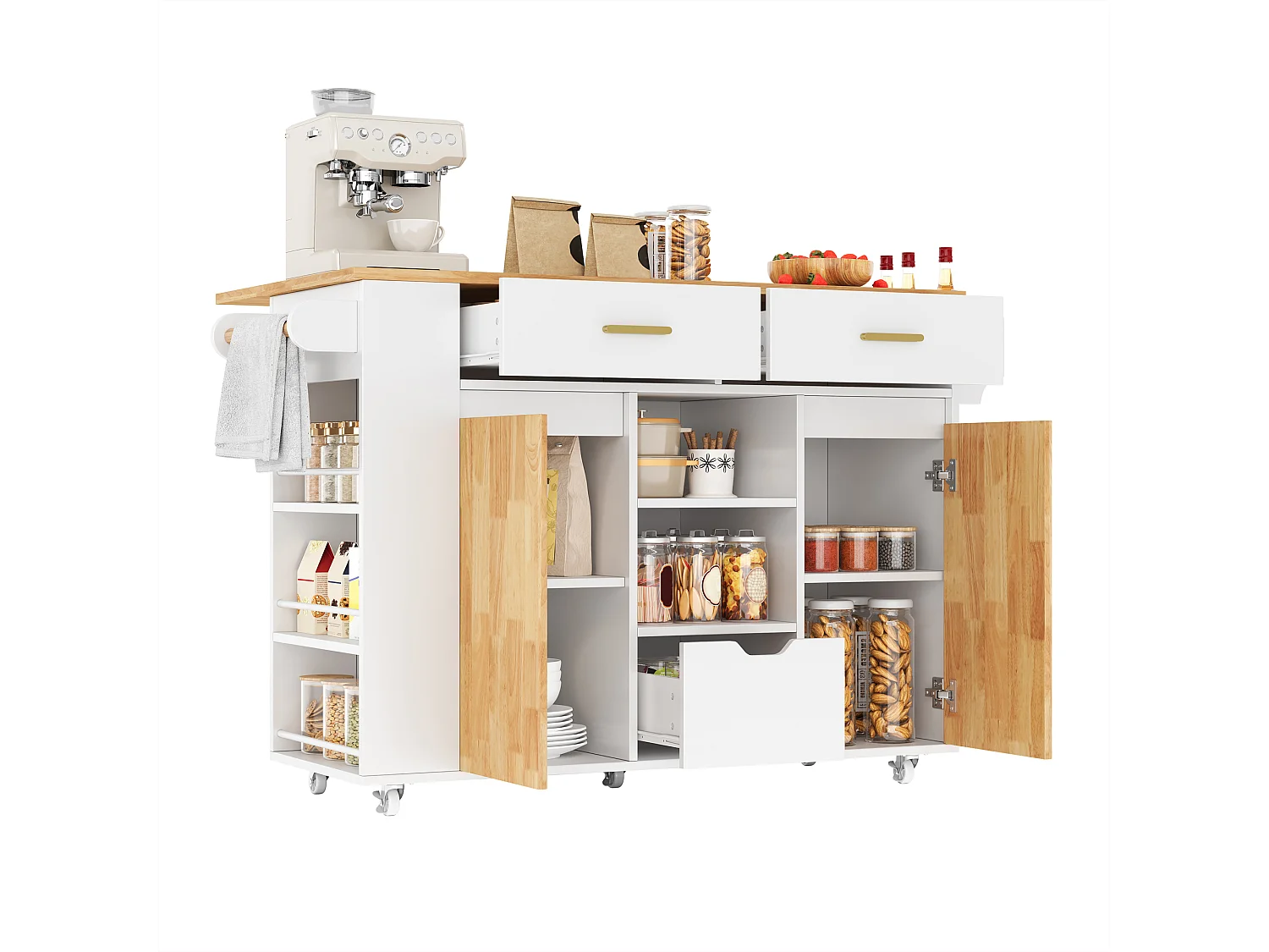 Isla central de cocina móvil - mesa de comedor plegable - con 2 puertas y 3 cajones - con ruedas bloqueables - Blanco