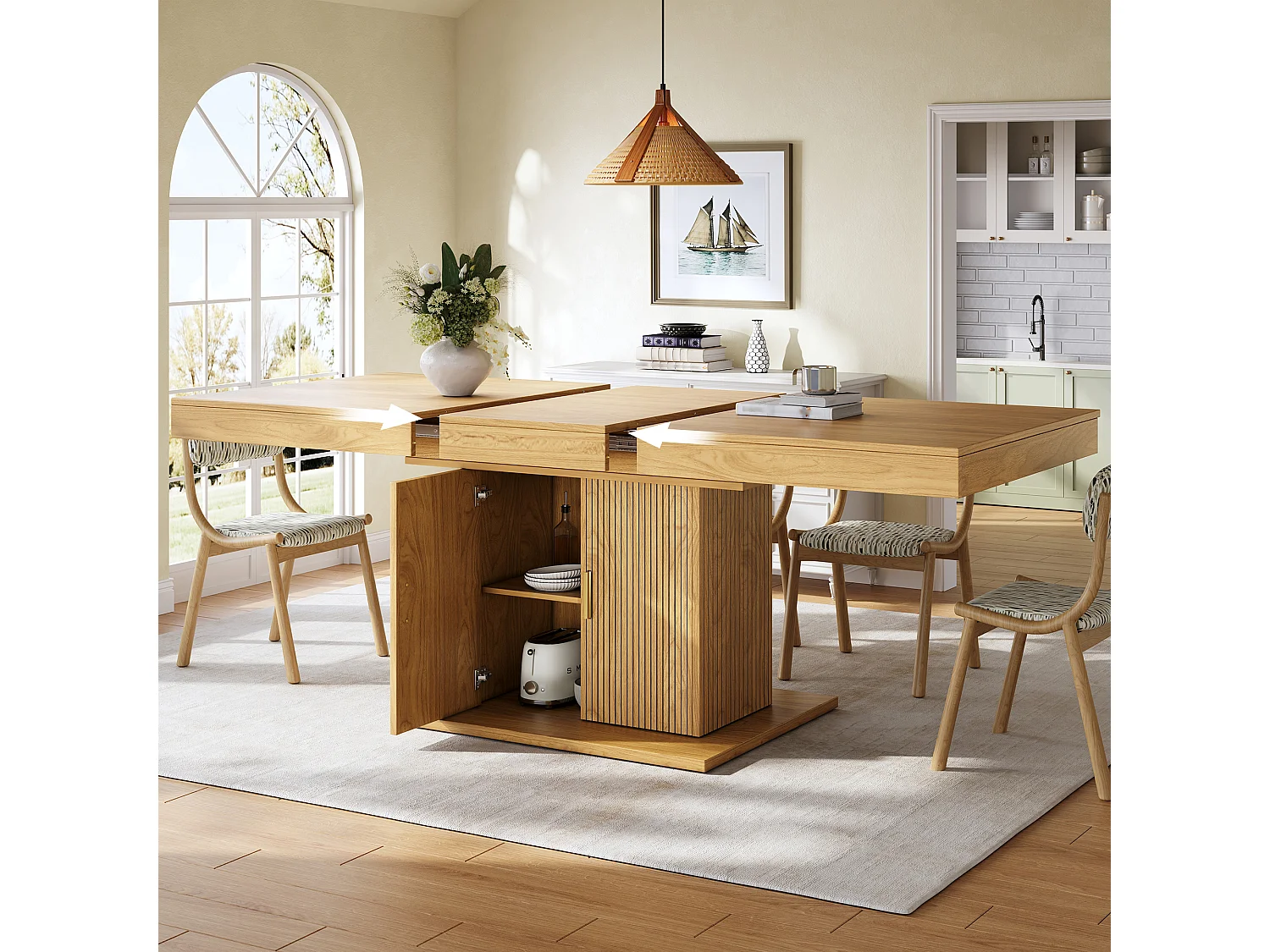 Table à Manger Extensible 140-180cm - Table Gain de Place avec Rangement Central & Portes Cannelées, Style Moderne - Chêne Clair / Noyer