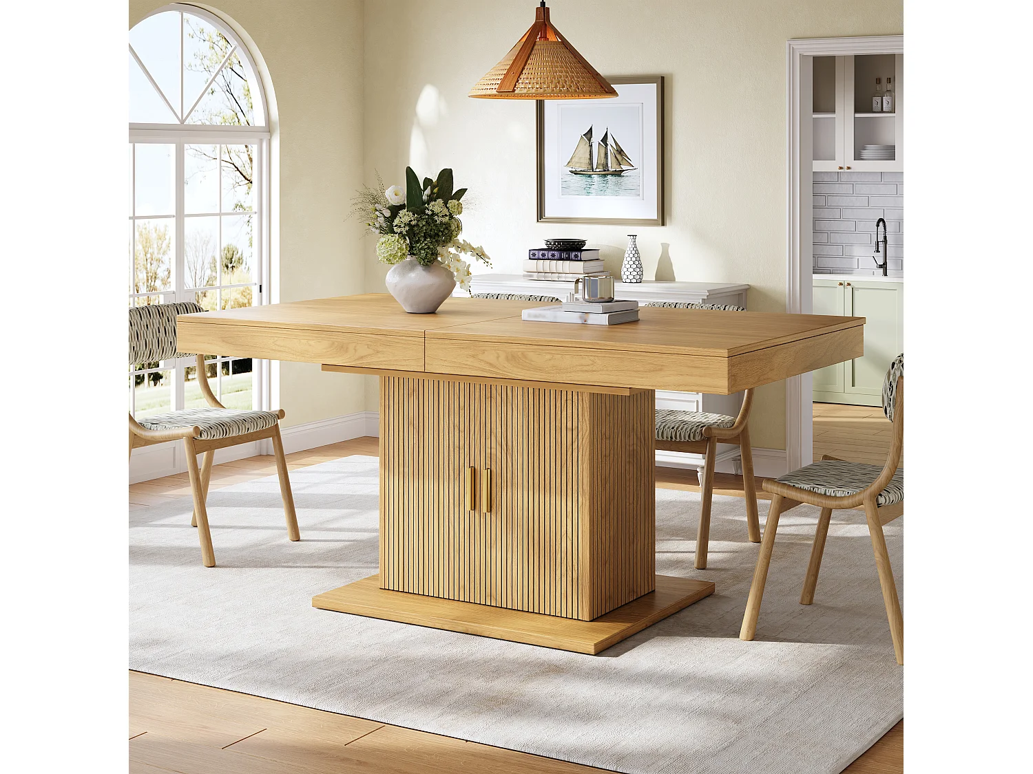 Table à Manger Extensible 140-180cm - Table Gain de Place avec Rangement Central & Portes Cannelées, Style Moderne - Chêne Clair / Noyer