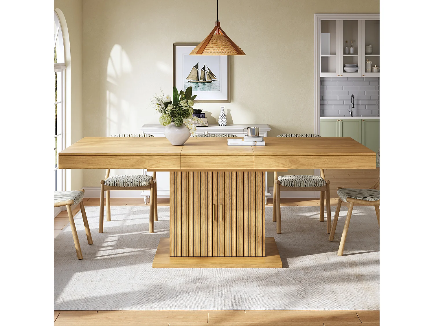 Table à Manger Extensible 140-180cm - Table Gain de Place avec Rangement Central & Portes Cannelées, Style Moderne - Chêne Clair / Noyer