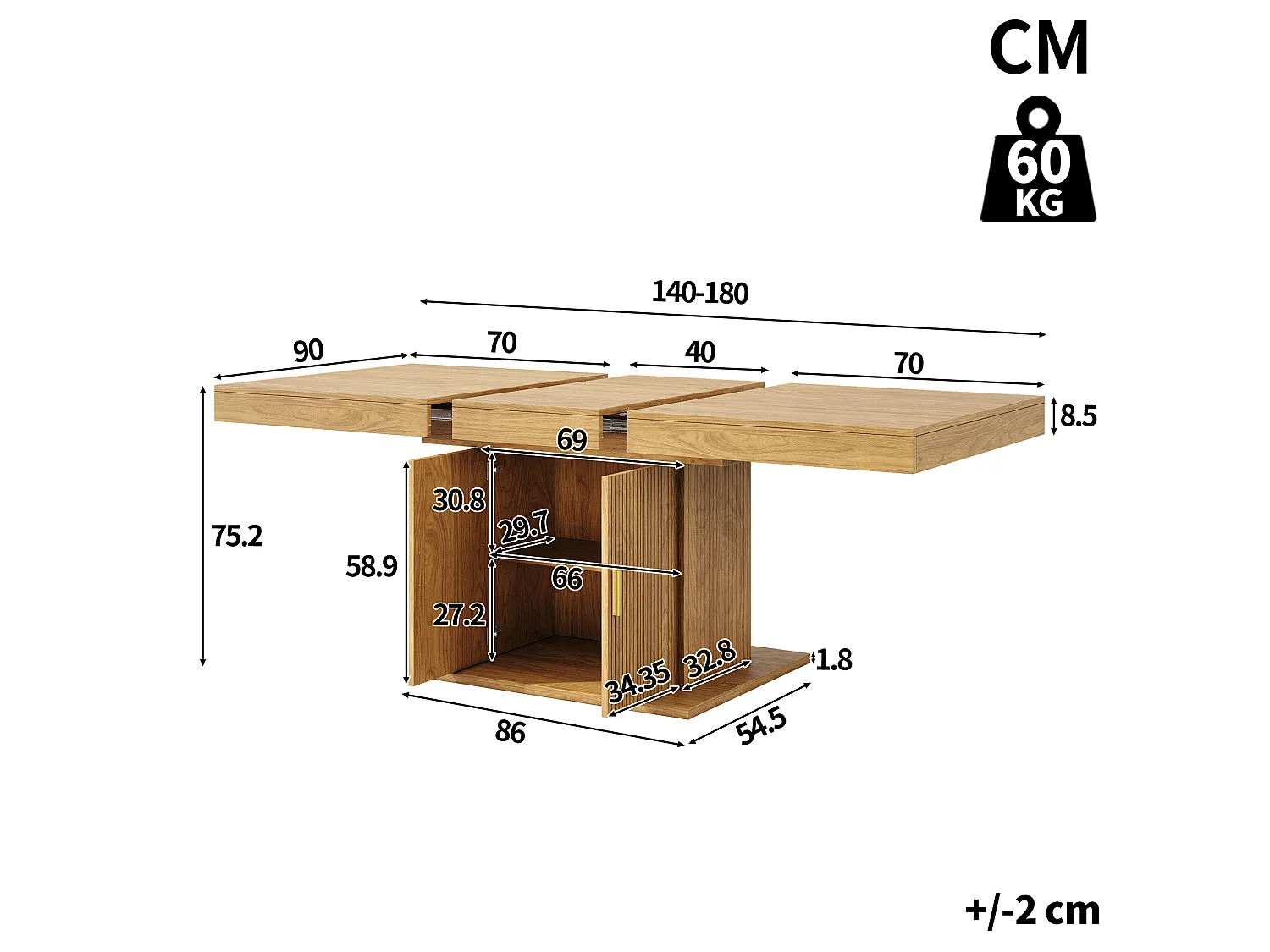 Table à Manger Extensible 140-180cm - Table Gain de Place avec Rangement Central & Portes Cannelées, Style Moderne - Chêne Clair / Noyer