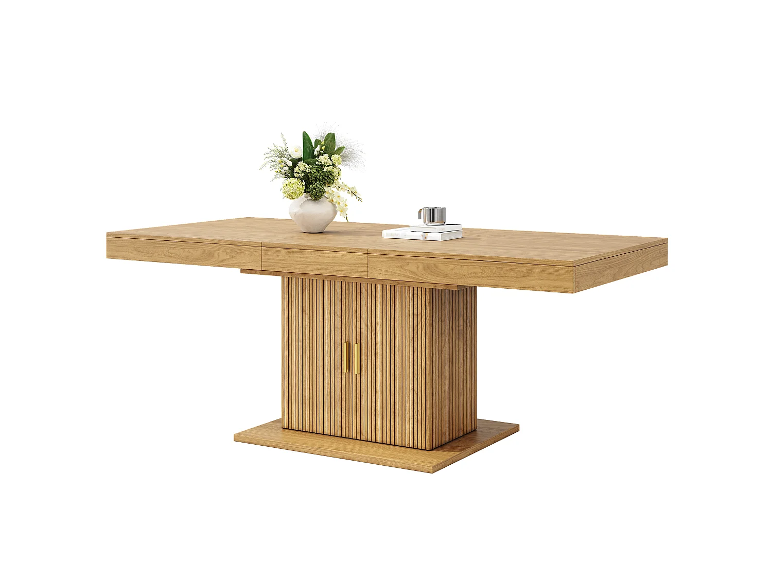 Table à Manger Extensible 140-180cm - Table Gain de Place avec Rangement Central & Portes Cannelées, Style Moderne - Chêne Clair / Noyer