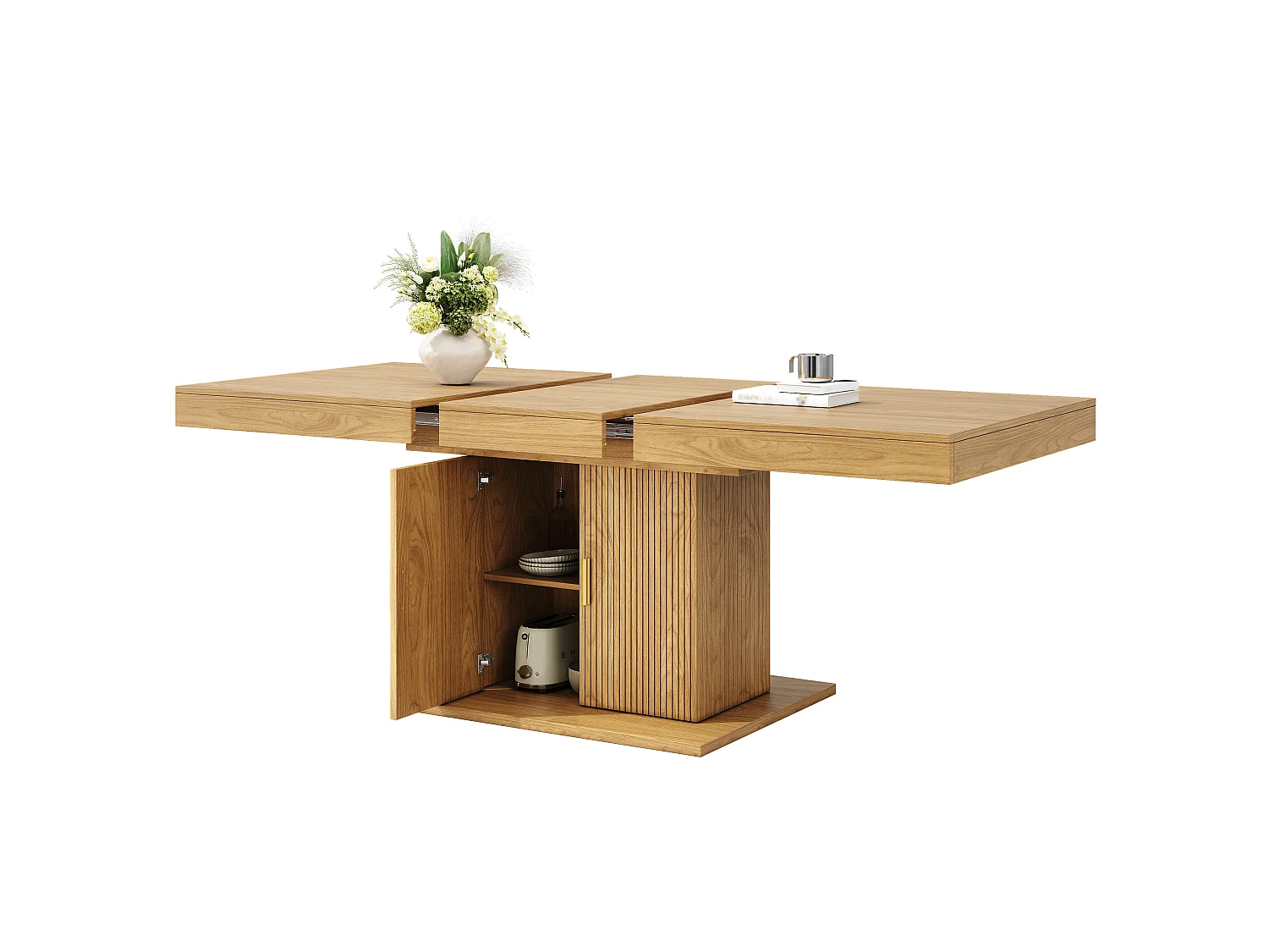 Table à Manger Extensible 140-180cm - Table Gain de Place avec Rangement Central & Portes Cannelées, Style Moderne - Chêne Clair / Noyer