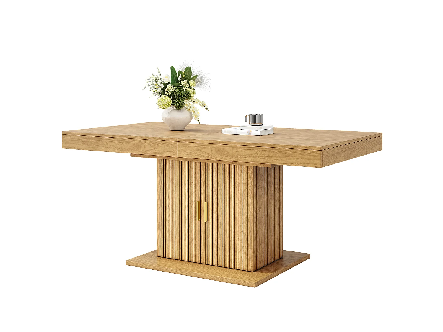 Table à Manger Extensible 140-180cm - Table Gain de Place avec Rangement Central & Portes Cannelées, Style Moderne - Chêne Clair / Noyer