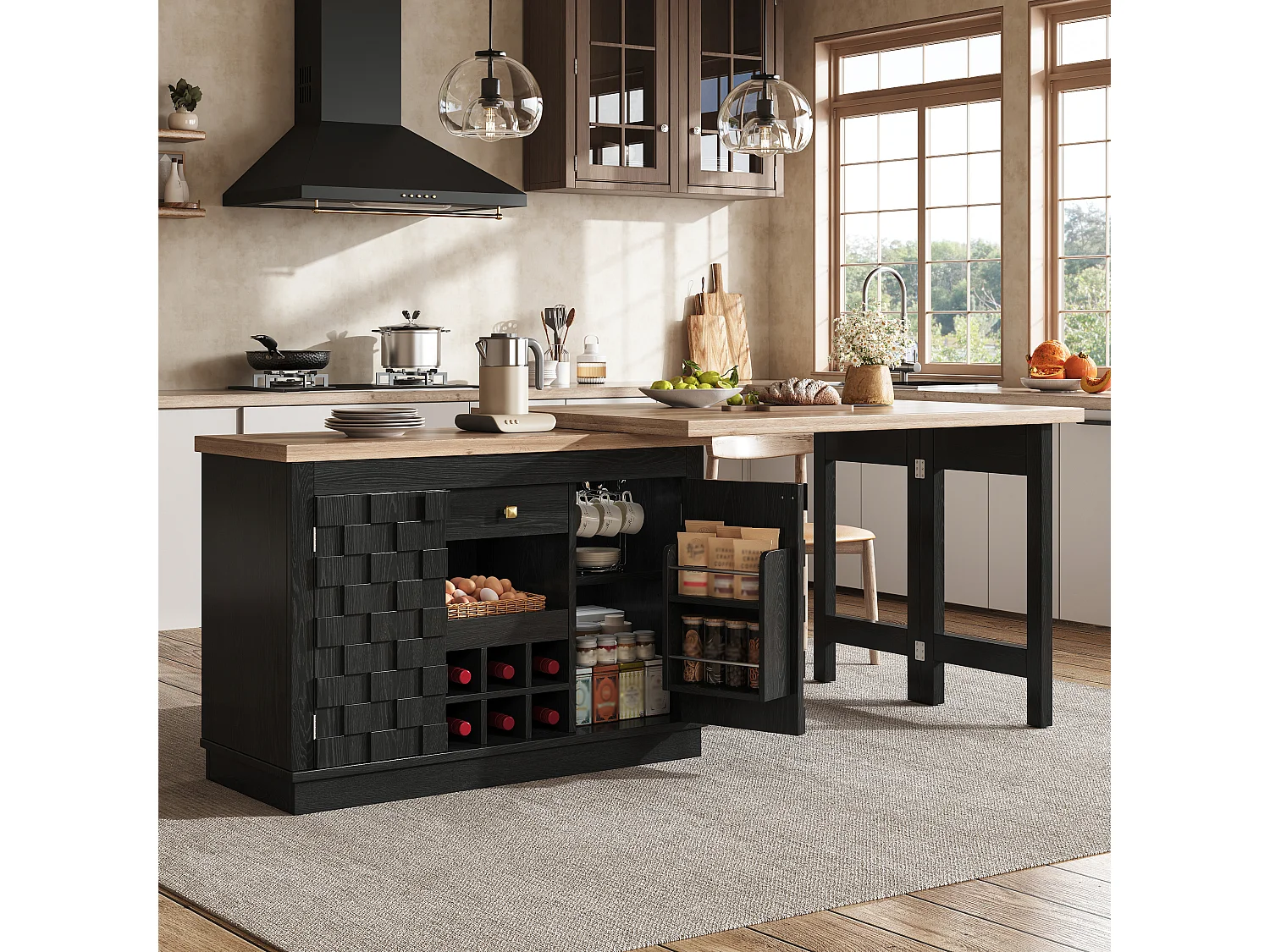 Îlot de Cuisine Rotatif 360° & Meuble d'Appoint 120-197cm - Plateau Extensible, Portes Patchwork, Casier à Vin - Noir