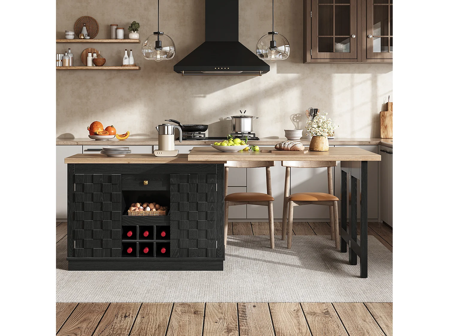 Îlot de Cuisine Rotatif 360° & Meuble d'Appoint 120-197cm - Plateau Extensible, Portes Patchwork, Casier à Vin - Noir