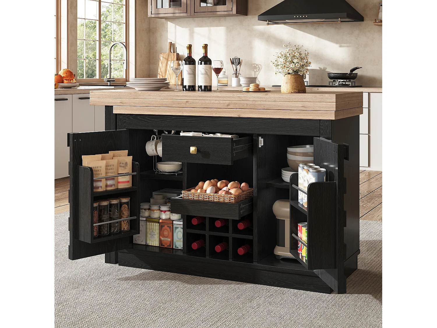 Îlot de Cuisine Rotatif 360° & Meuble d'Appoint 120-197cm - Plateau Extensible, Portes Patchwork, Casier à Vin - Noir