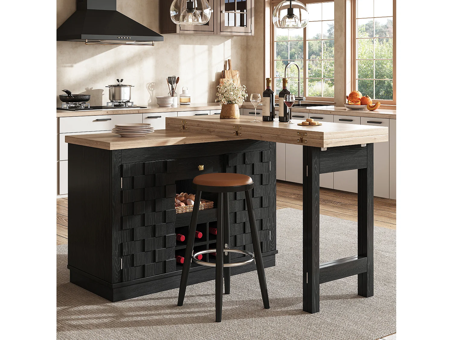 Îlot de Cuisine Rotatif 360° & Meuble d'Appoint 120-197cm - Plateau Extensible, Portes Patchwork, Casier à Vin - Noir