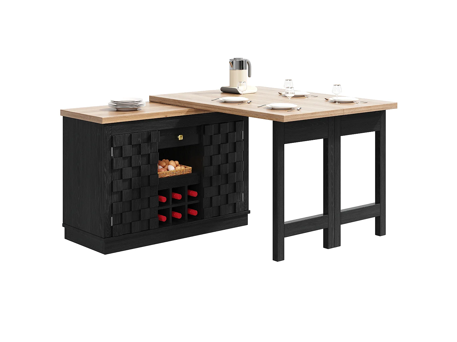 Îlot de Cuisine Rotatif 360° & Meuble d'Appoint 120-197cm - Plateau Extensible, Portes Patchwork, Casier à Vin - Noir