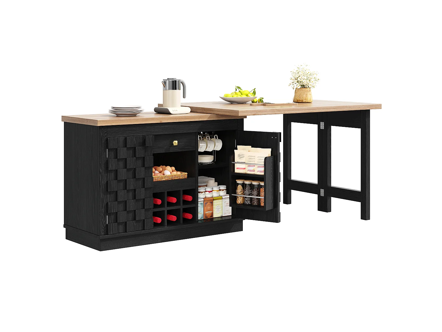 Îlot de Cuisine Rotatif 360° & Meuble d'Appoint 120-197cm - Plateau Extensible, Portes Patchwork, Casier à Vin - Noir