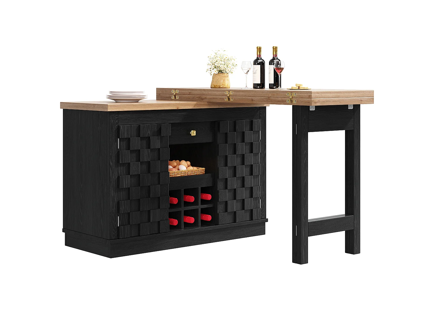 Îlot de Cuisine Rotatif 360° & Meuble d'Appoint 120-197cm - Plateau Extensible, Portes Patchwork, Casier à Vin - Noir