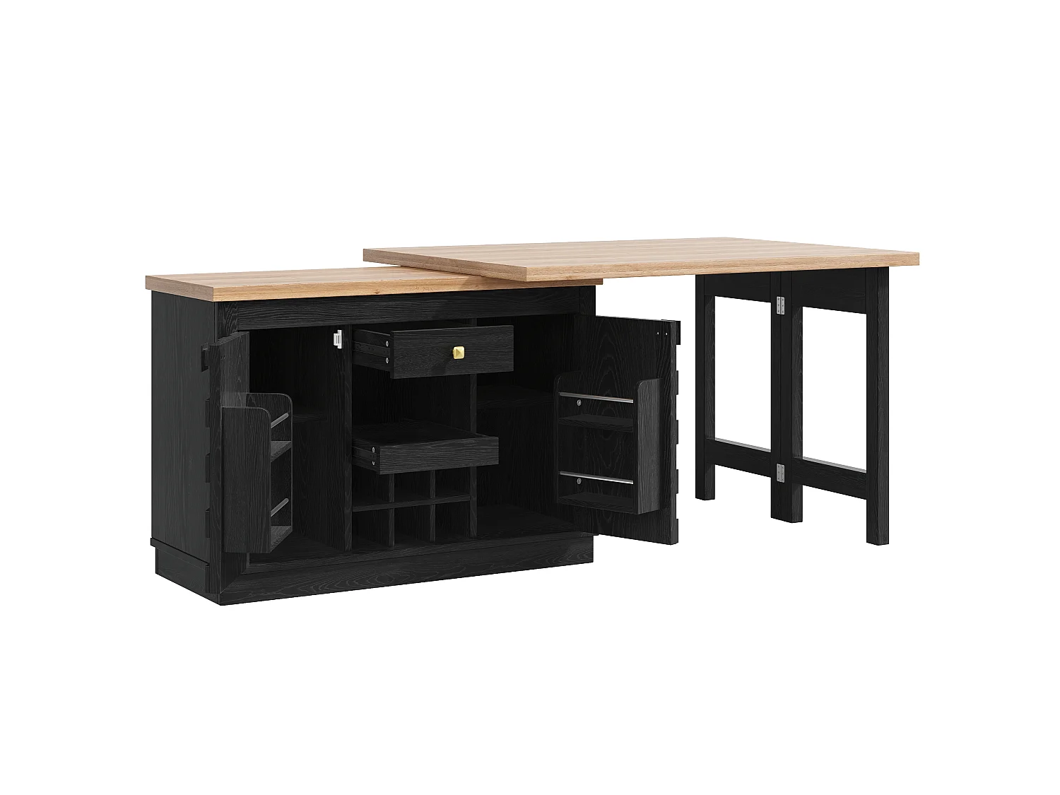 Îlot de Cuisine Rotatif 360° & Meuble d'Appoint 120-197cm - Plateau Extensible, Portes Patchwork, Casier à Vin - Noir
