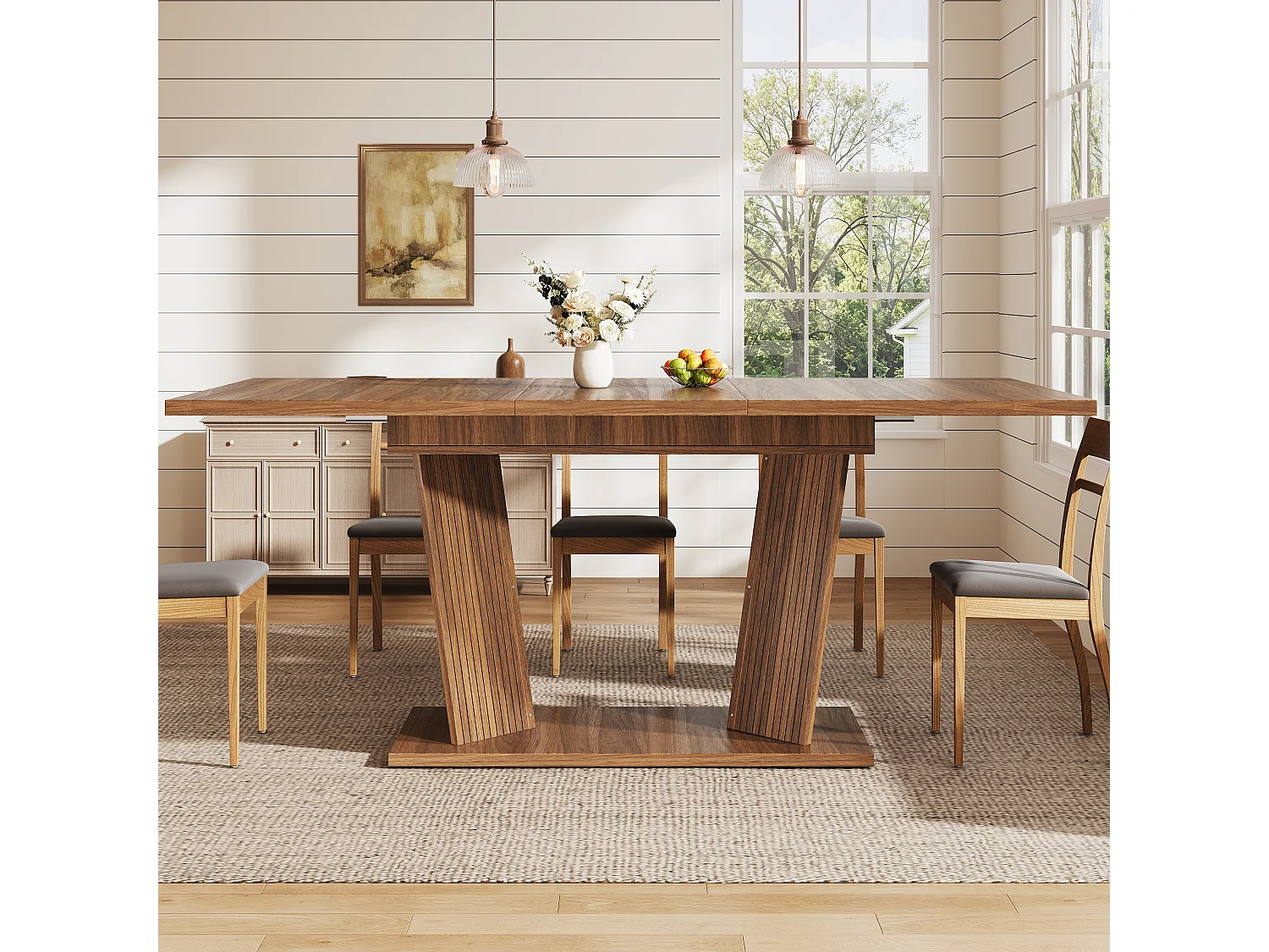 Rektangulärt Utdragbart Matsalsbord 120-160cm - Platsbesparande Bord med Trälook och Designben, Modern Stil - Valnöt