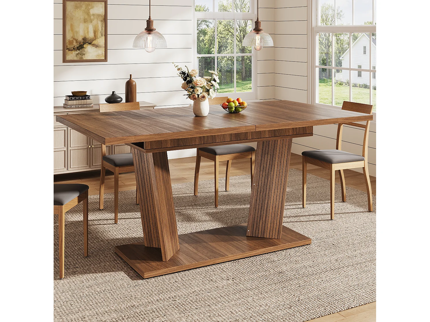 Rektangulärt Utdragbart Matsalsbord 120-160cm - Platsbesparande Bord med Trälook och Designben, Modern Stil - Valnöt