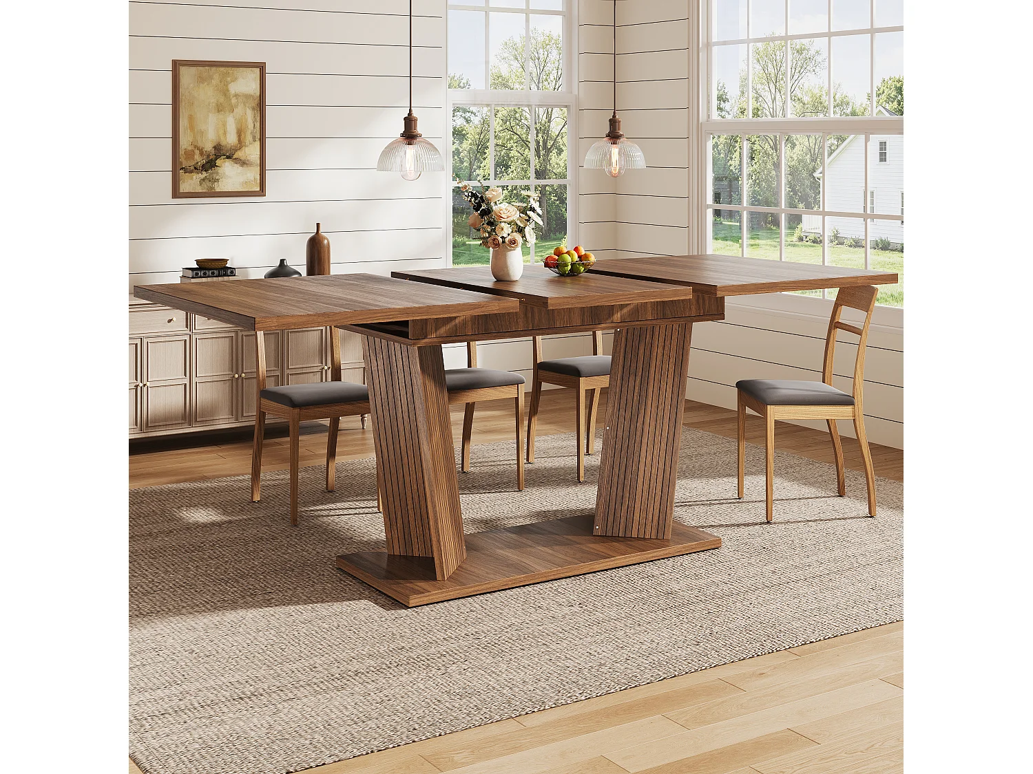 Rektangulärt Utdragbart Matsalsbord 120-160cm - Platsbesparande Bord med Trälook och Designben, Modern Stil - Valnöt