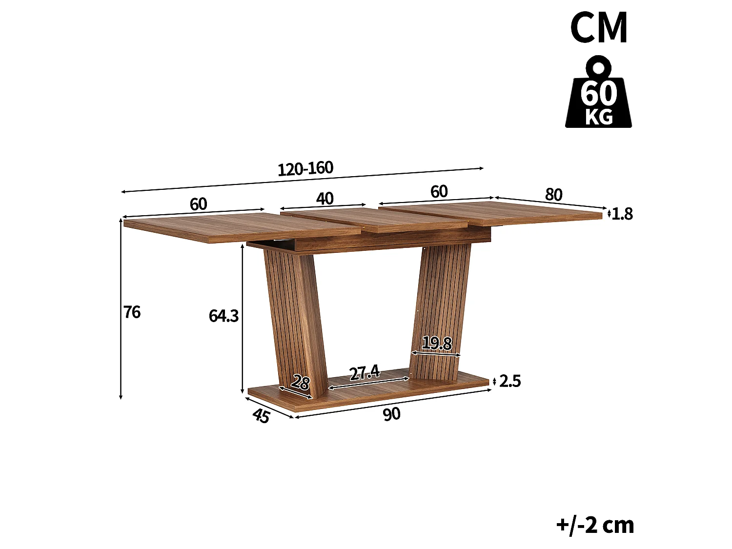 Rektangulärt Utdragbart Matsalsbord 120-160cm - Platsbesparande Bord med Trälook och Designben, Modern Stil - Valnöt