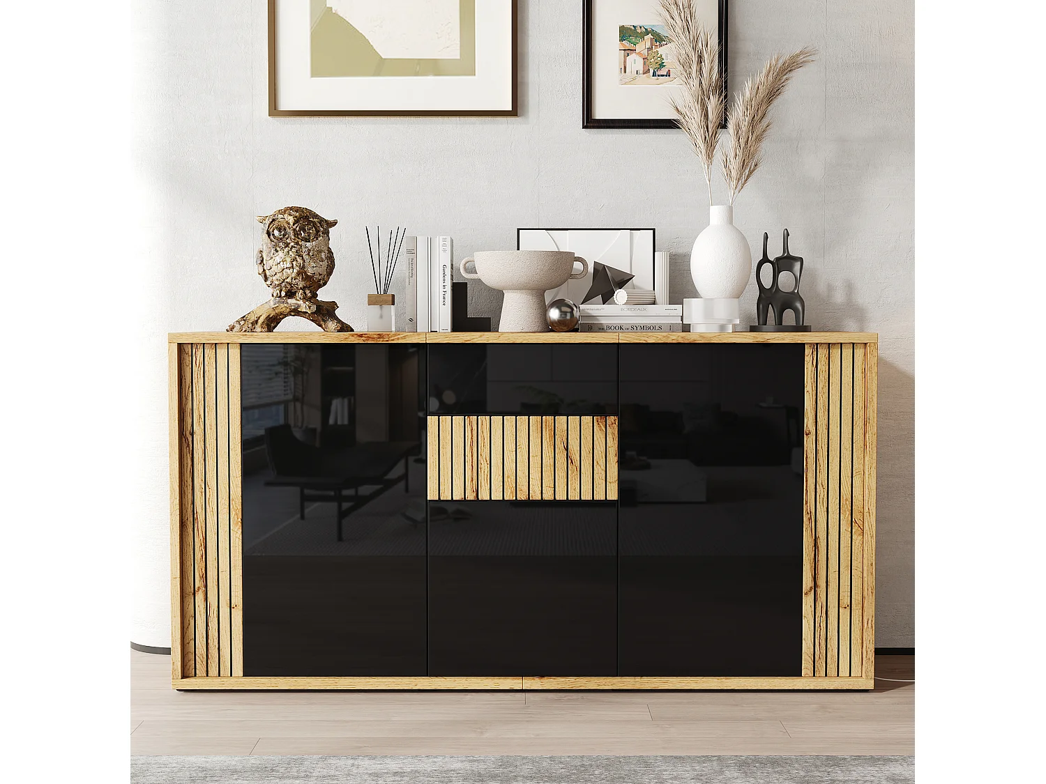Modernt skåp 140x35x71 cm - 3 dörrar och 6 förvaringsfack - Vågmönster - Glansig finish - MDF - Svart + Natur