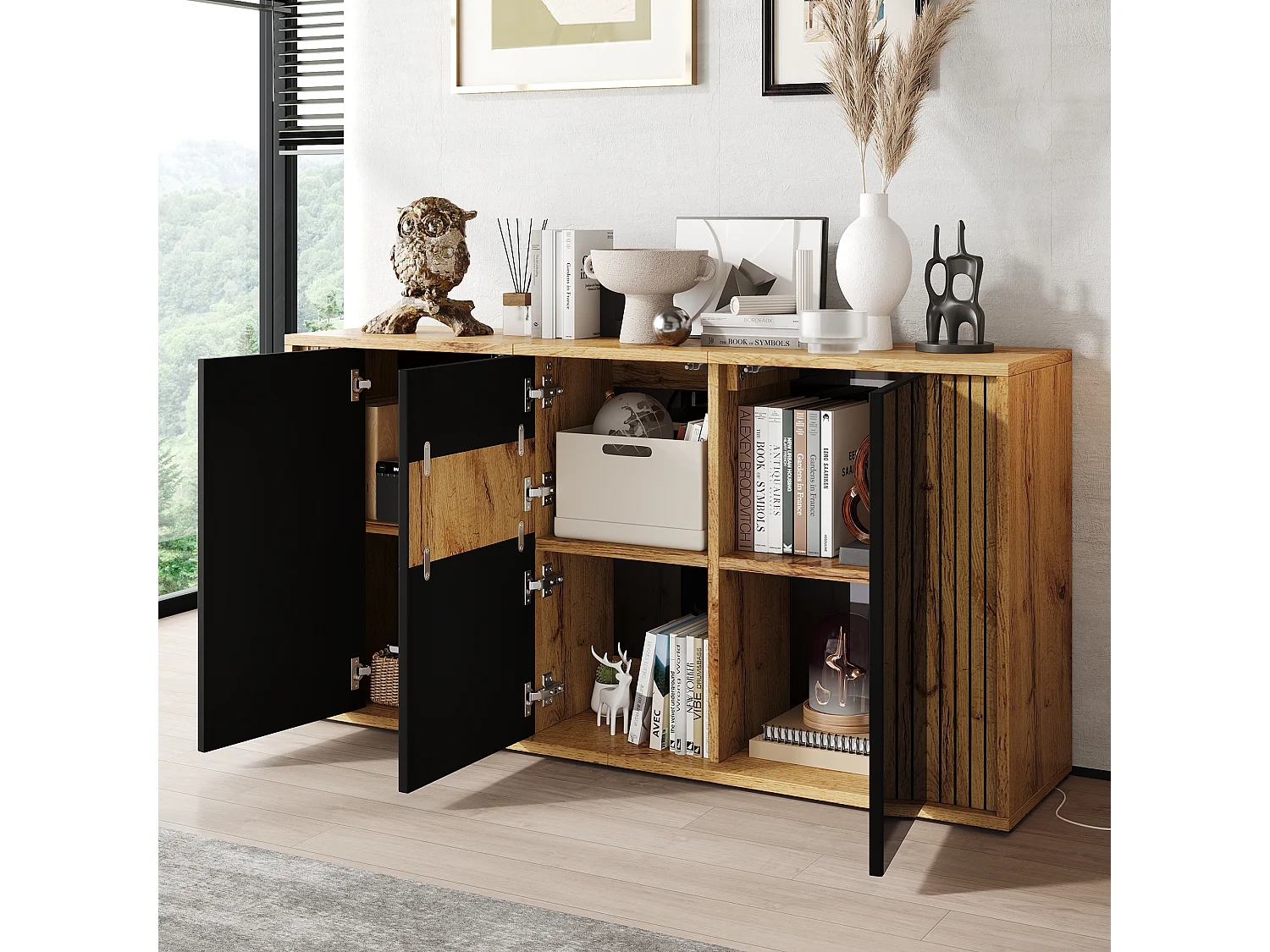 Modernt skåp 140x35x71 cm - 3 dörrar och 6 förvaringsfack - Vågmönster - Glansig finish - MDF - Svart + Natur
