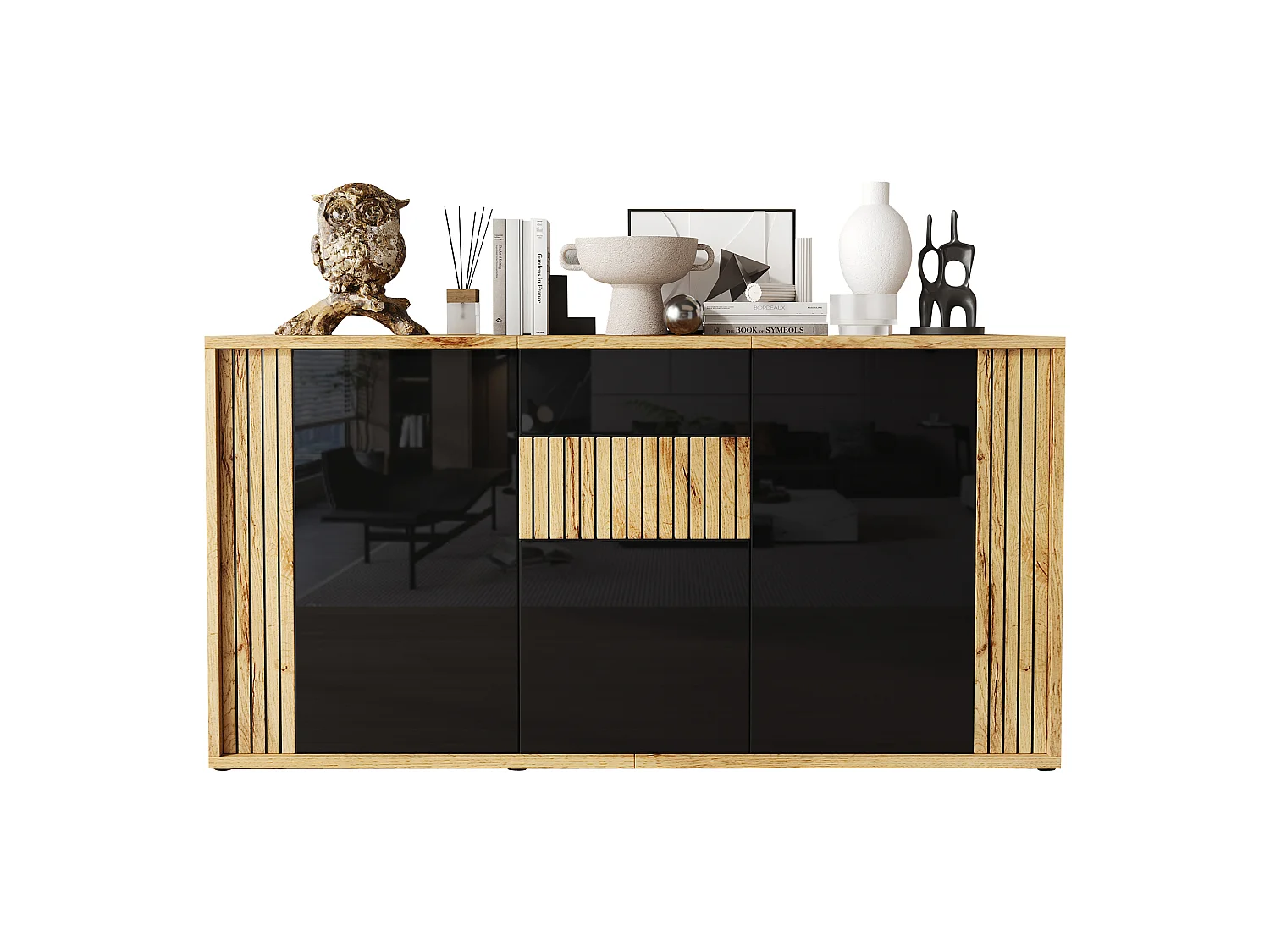 Modernt skåp 140x35x71 cm - 3 dörrar och 6 förvaringsfack - Vågmönster - Glansig finish - MDF - Svart + Natur