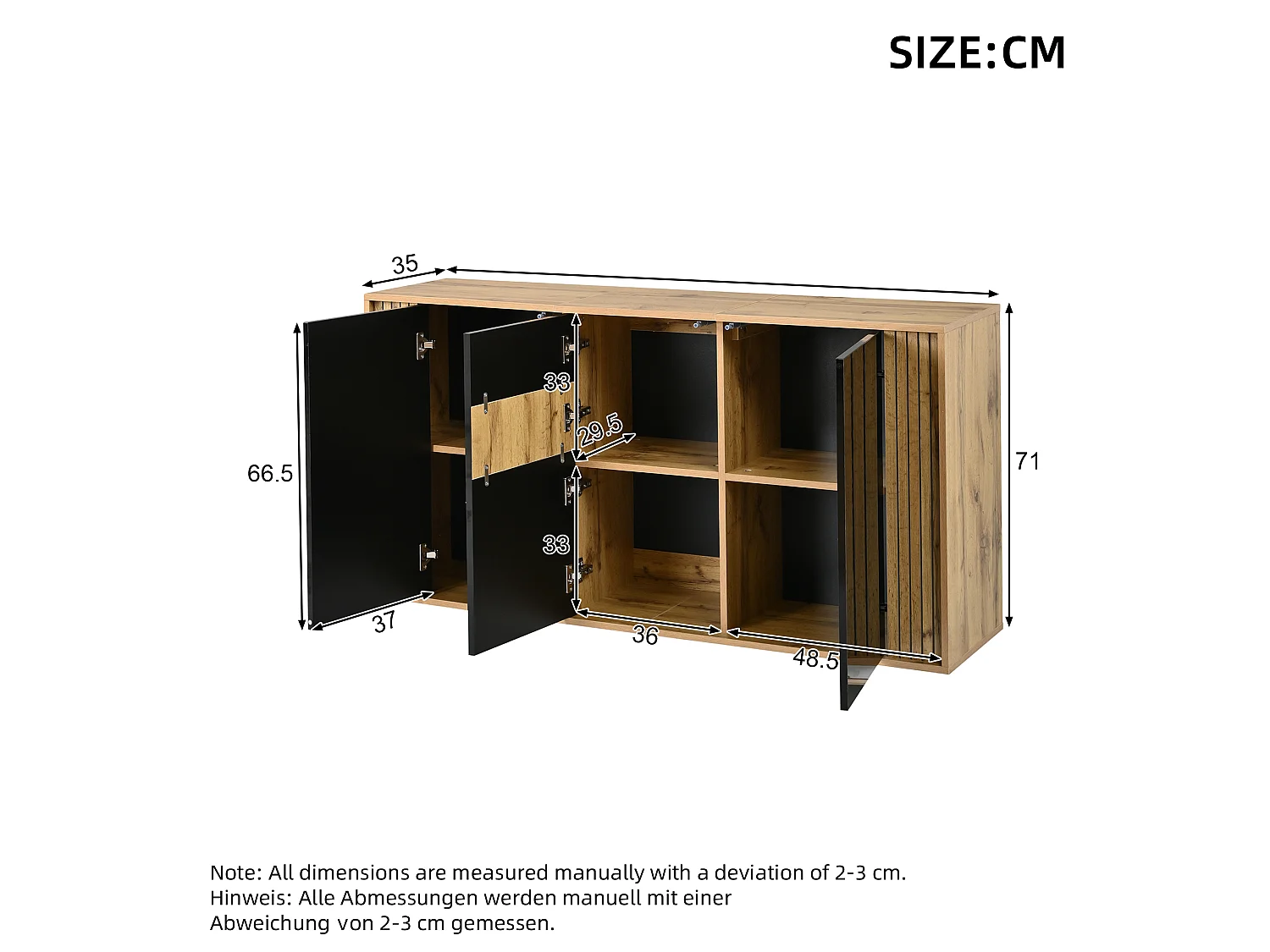 Modernt skåp 140x35x71 cm - 3 dörrar och 6 förvaringsfack - Vågmönster - Glansig finish - MDF - Svart + Natur
