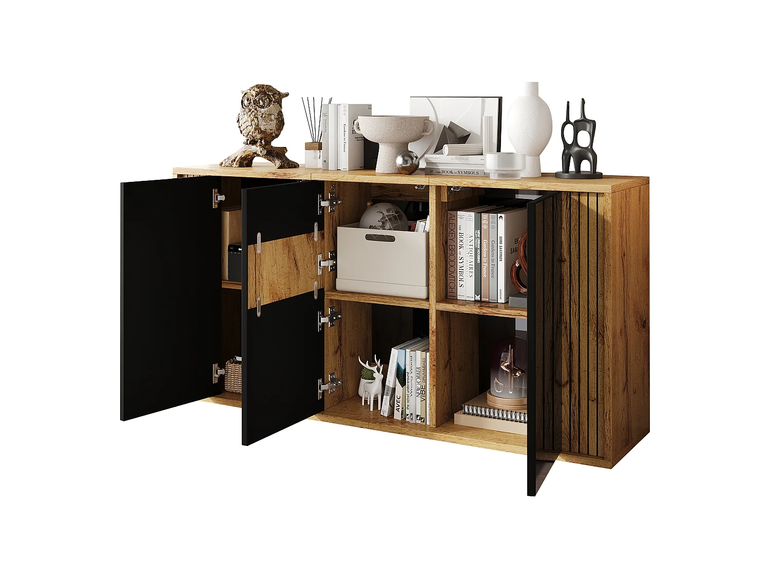 Modernt skåp 140x35x71 cm - 3 dörrar och 6 förvaringsfack - Vågmönster - Glansig finish - MDF - Svart + Natur