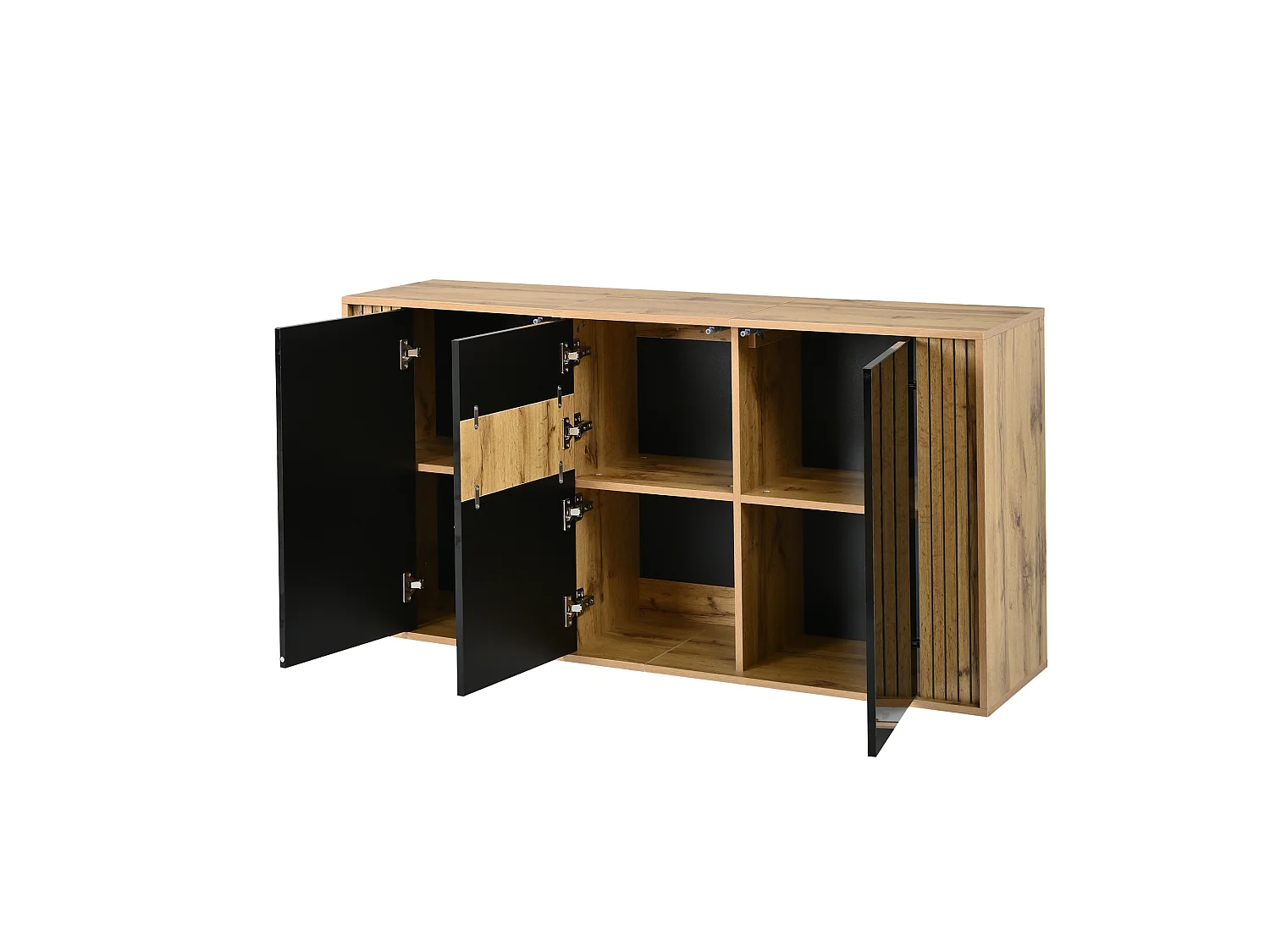 Modernt skåp 140x35x71 cm - 3 dörrar och 6 förvaringsfack - Vågmönster - Glansig finish - MDF - Svart + Natur
